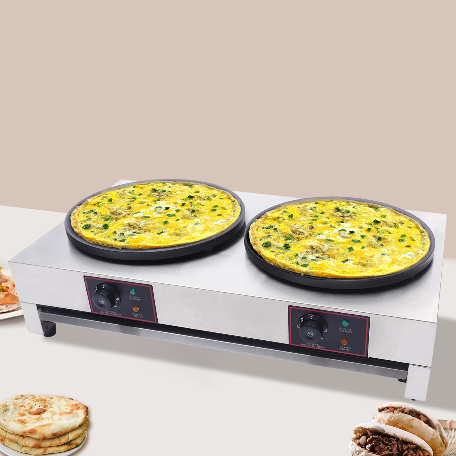 Commercial Electric Crepe Maker - 2-Burner Non-Stick Pancake Machine with Temperature Control, 3400W 110V for Restaurants, Cafes & Dessert Shops - Perfect for Making Crepes, Pancakes & Waffles at Home or Business