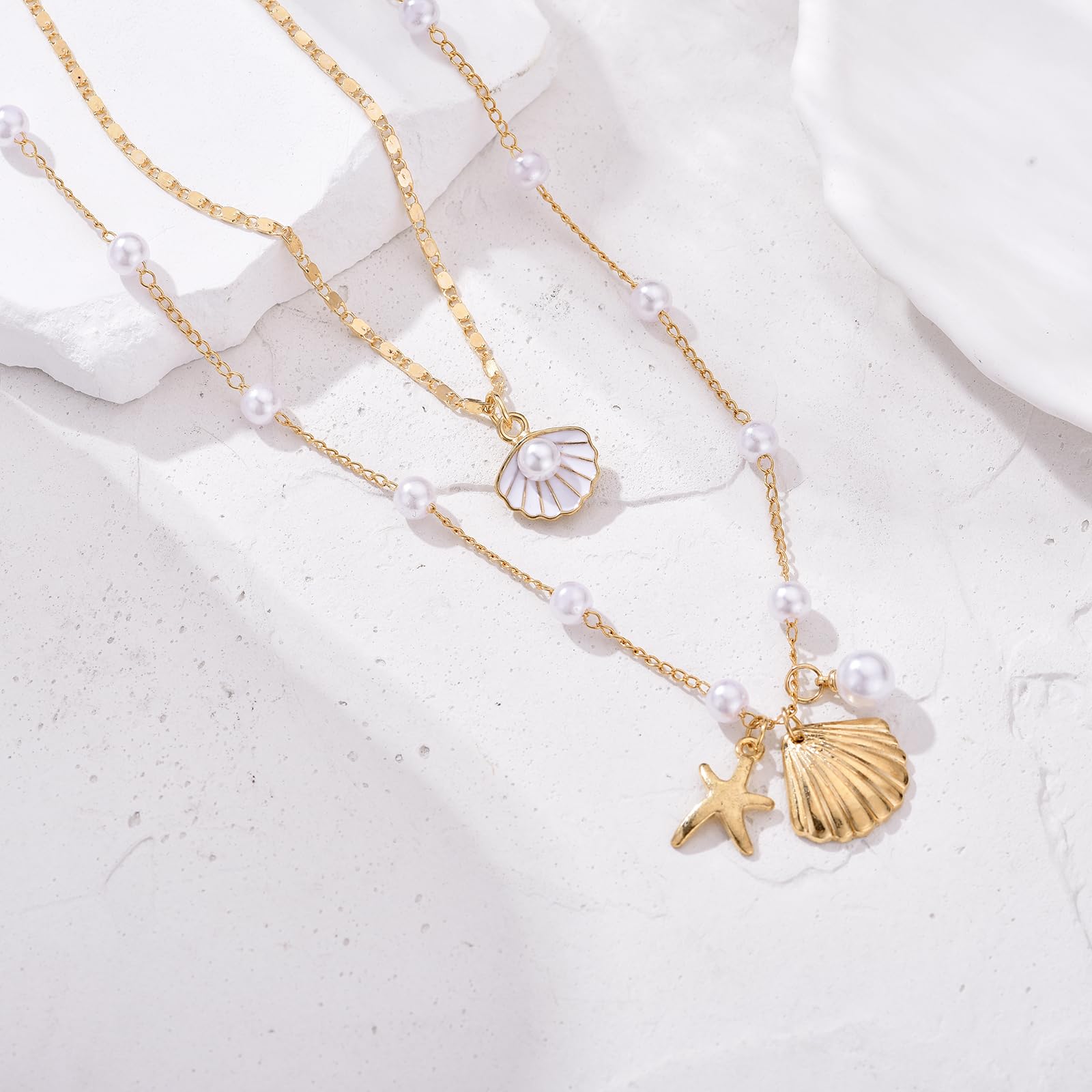 Bohemian Layered Shell Necklace for Women - Pearl, Starfish & Seashell Pendant Choker - Beach Jewelry Gift for Summer Vacation, Bridal Shower, Bachelorette Party & Coastal Fashion Accessory