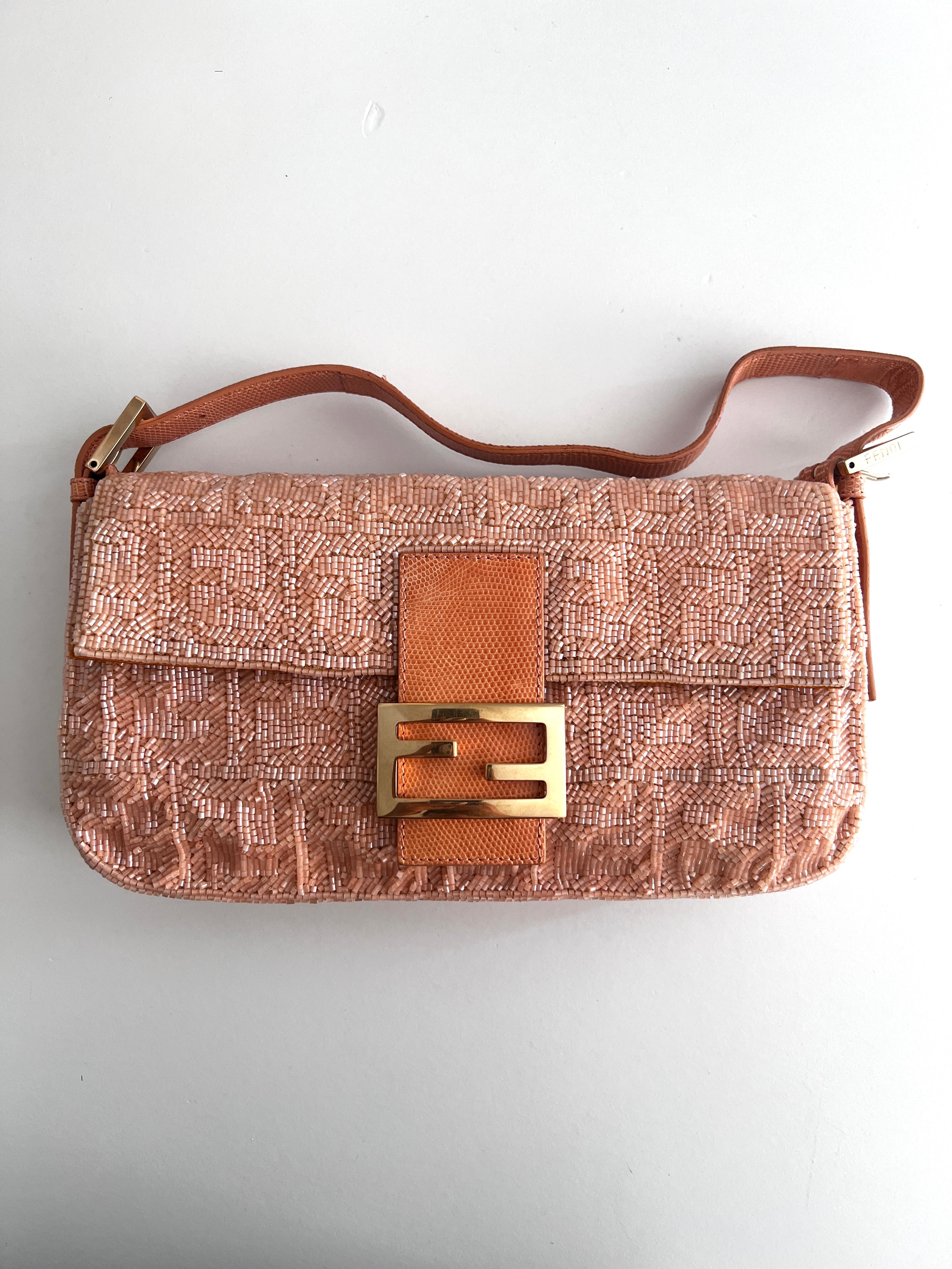 Fendi FF Beaded Baguette Bag - Peach Color Lizard Skin Trim, Luxury Designer Handbag for Women | Perfect for Evening Parties, Weddings & Special Occasions