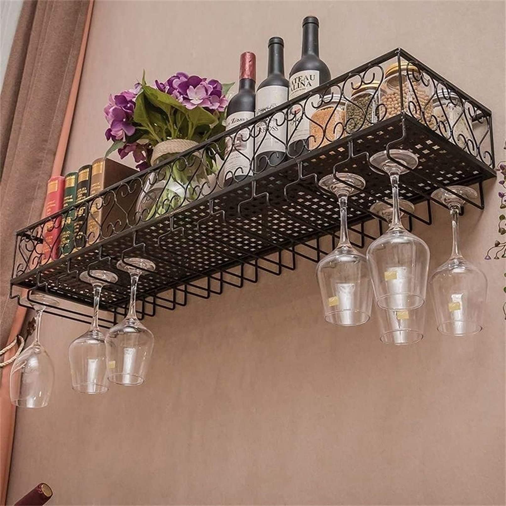 Metal Wall Mount Wine Rack with Glass Holder & Bottle Shelf - 47x10 Inch Bar Storage for Stemware & Goblets - Perfect for Kitchen, Dining Room & Home Bar Organization