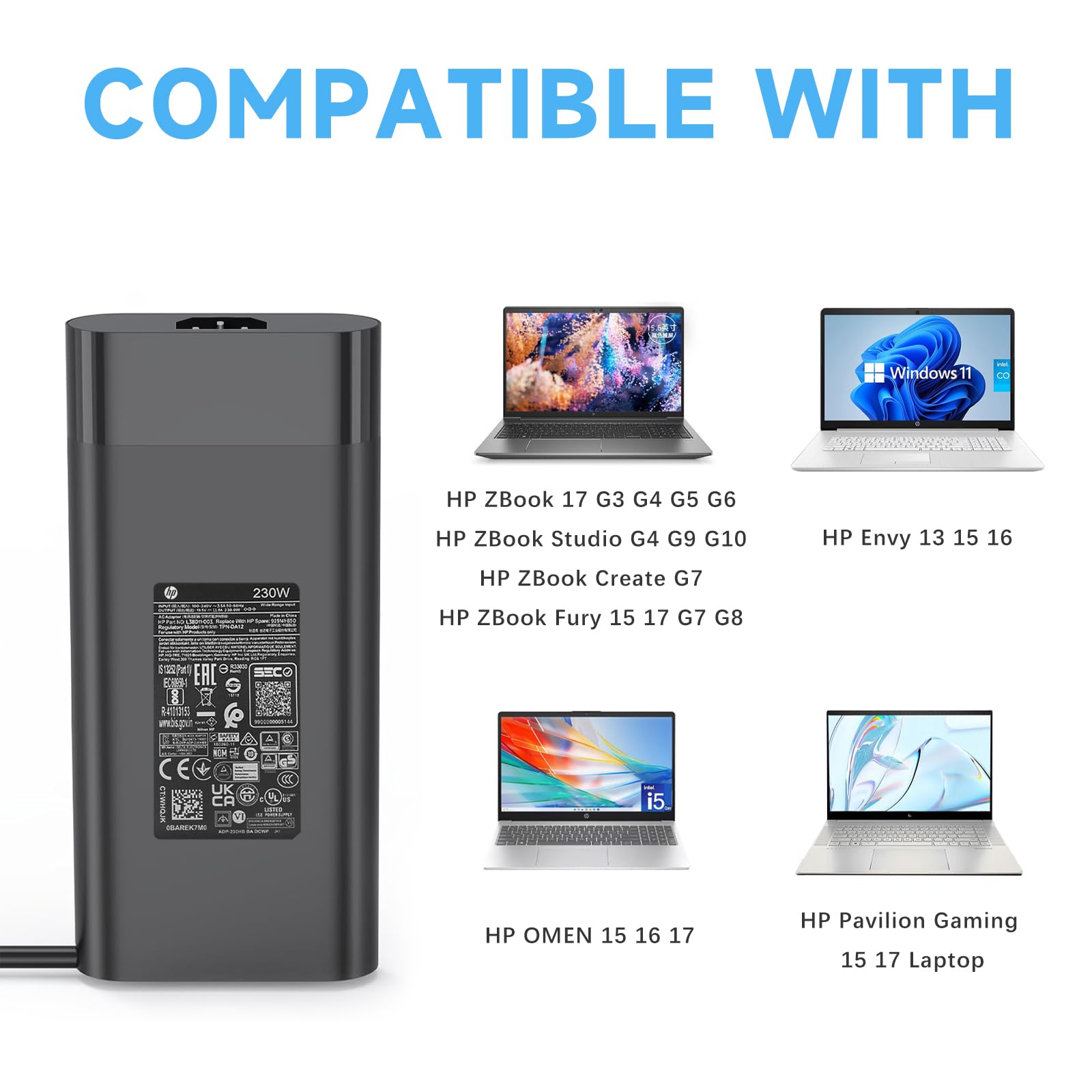 230W AC Power Adapter for HP Omen 15/16, Victus 16, ZBook Fury 16 G8/G9/G10 - Fast Charging Laptop Charger - Perfect for Gaming, Work & Travel