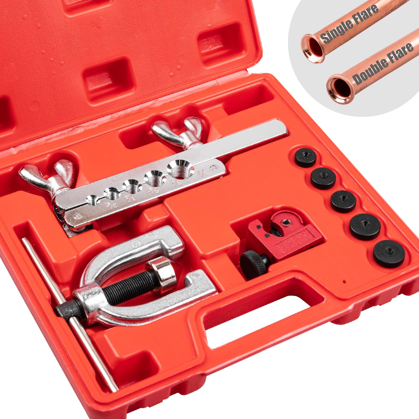 Brake Line Flaring Tool Kit - Double & Single Flare Tool with Tubing Cutter, 5 Adapters (45 Degree) for Copper, Aluminum & Brass Tubing - Professional Brake Line Repair Kit for Automotive & DIY Projects
