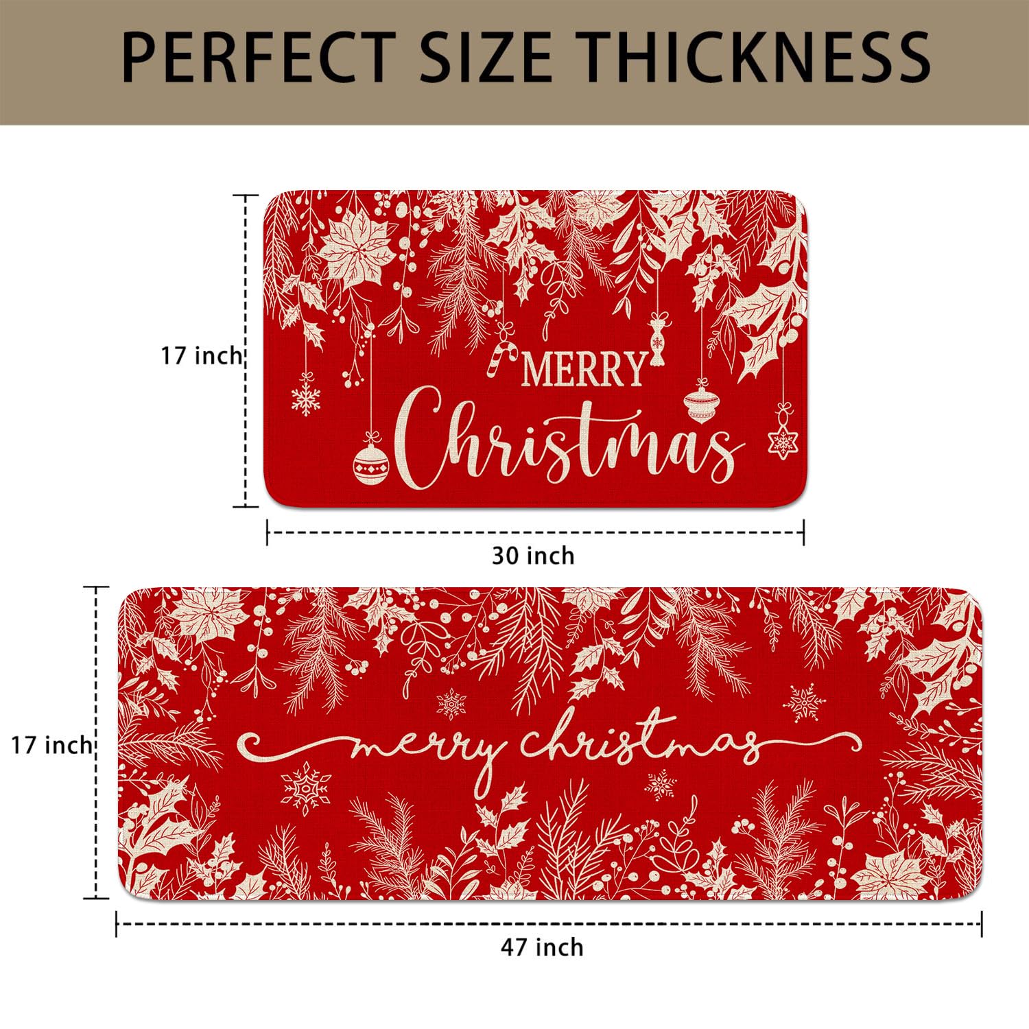 Christmas Kitchen Rugs Set of 2 - Non-Slip Holiday Floor Mats with Holly Pine Design, Red Winter Decor for Sink Area & Entryway | Perfect for Festive Home Decor, Kitchen Safety & Welcoming Guests