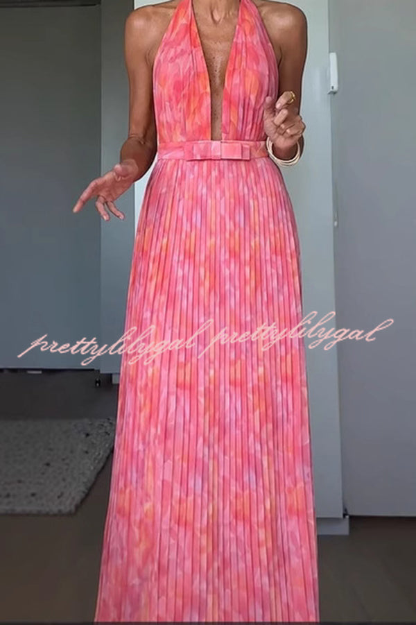 Stylish Floral Print Halter Neck Tie Pleated Maxi Dress for Women - Perfect for Beach Vacations, Summer Parties & Date Nights