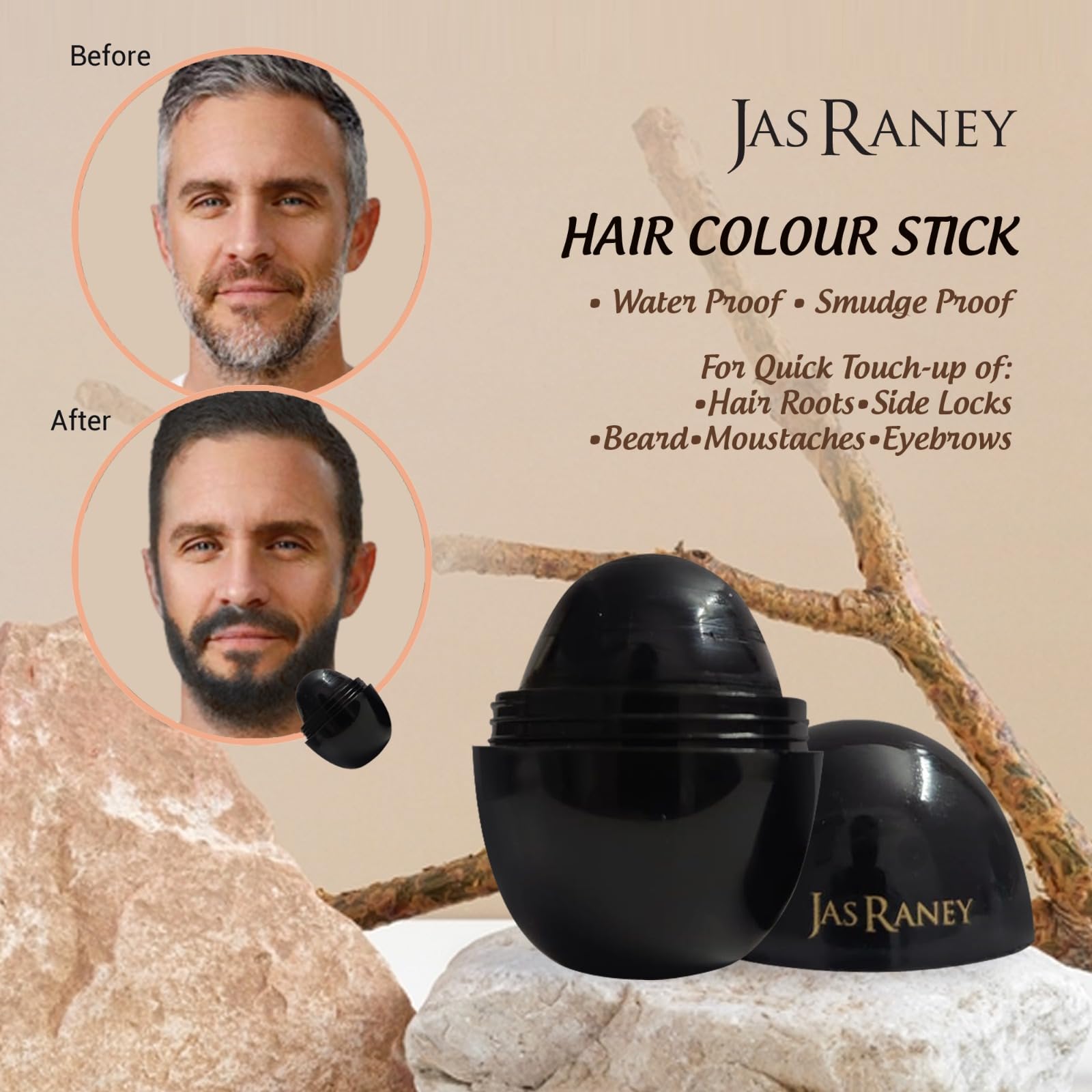 Jas Raney Semi-Permanent Hair Color Stick - True Hair Tone & Instant Touch Up for Side Locks, Beard & Eyebrows (20g) | Quick & Easy Hair Dye for Men & Women | Perfect for Travel, Touch-Ups & Styling