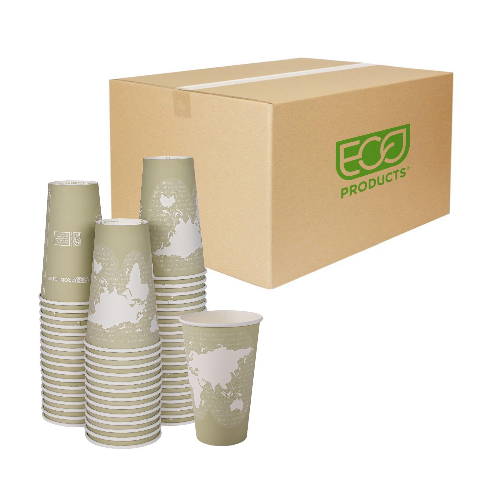 ECO PRODUCTS Compostable 16oz Disposable Coffee Cups - 1000 Count, Plant-Based PLA Lining, Biodegradable Hot Paper Cups for Coffee Shops, Offices & Events | World Art Design, Color Coded for Easy Identification