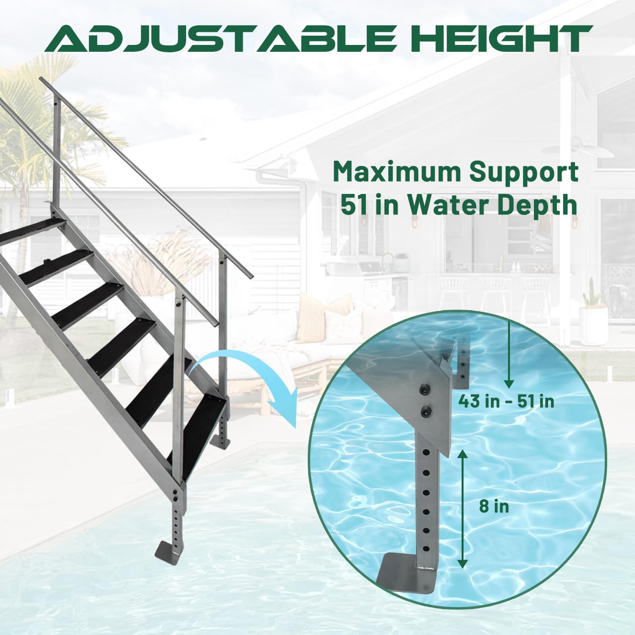 Biosp Adjustable Height 6-Step Dock Ladder with 2 Handrails, Heavy Duty 500LB Steel Pool Stairs with Non-Slip Rubber Pedals for Boat Dock, Inground Pool, Lake Swimming, RV Access & Home Use
