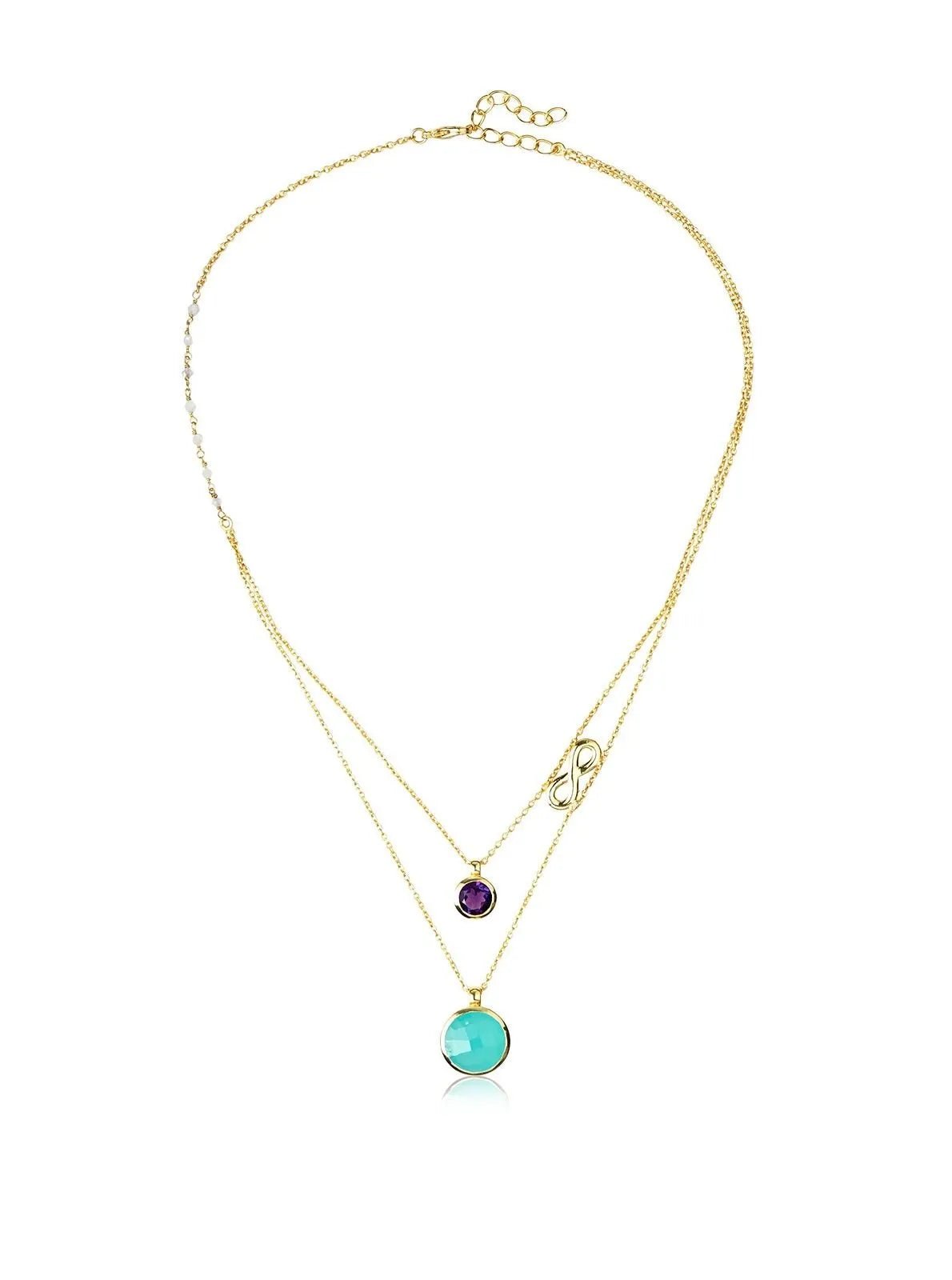 Aqua Chalcedony & Amethyst Double Layer Infinity Necklace for Women - Elegant Dainty Crystal Pendant Jewelry for Everyday Wear, Gift Giving & Special Occasions