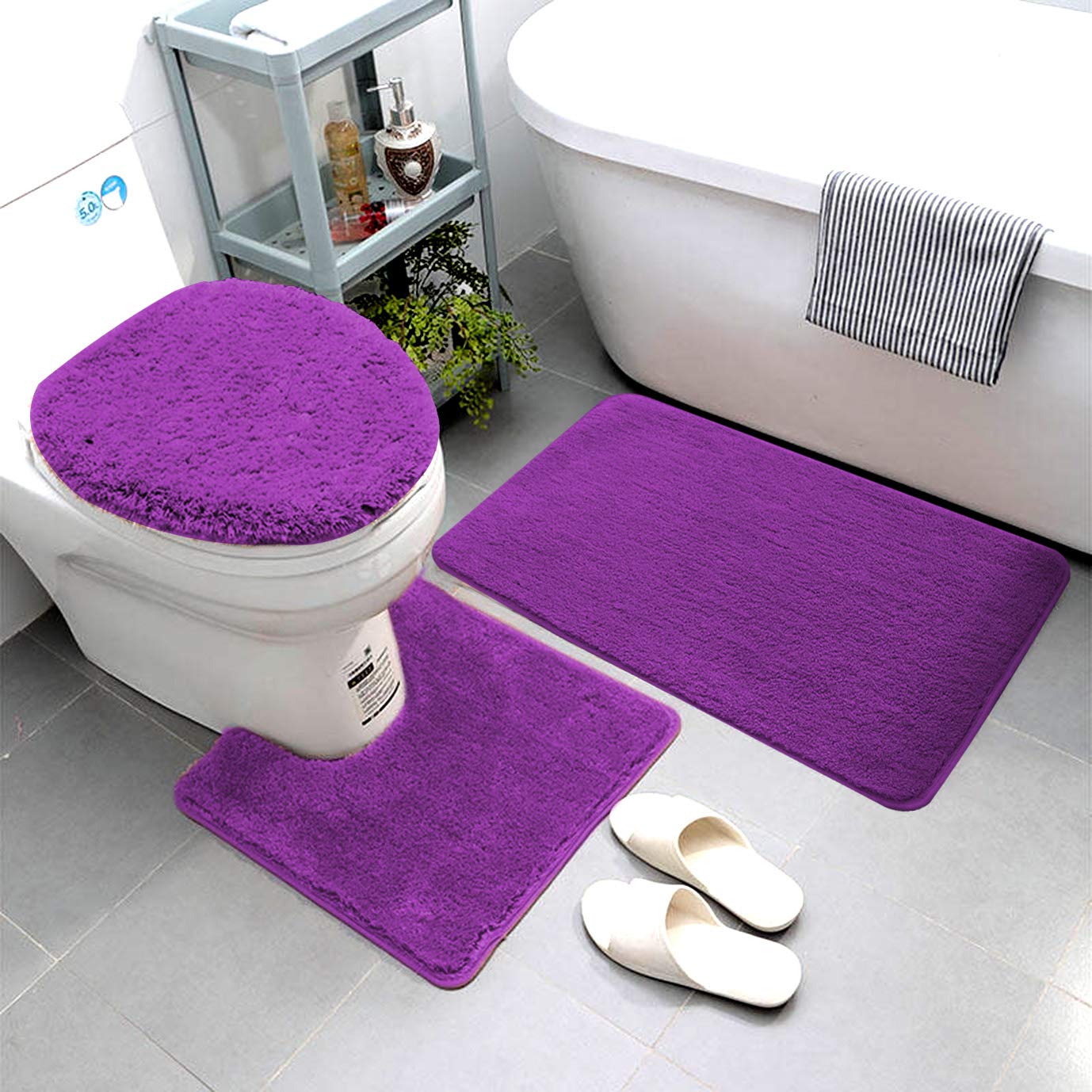 Premium 3-Piece Bathroom Rug Set - Soft Microfiber Bath Mat, Contour Mat & Toilet Lid Cover - Non-Slip Rubber Backing - Machine Washable - Purple - Perfect for Bathroom Decor & Home Comfort