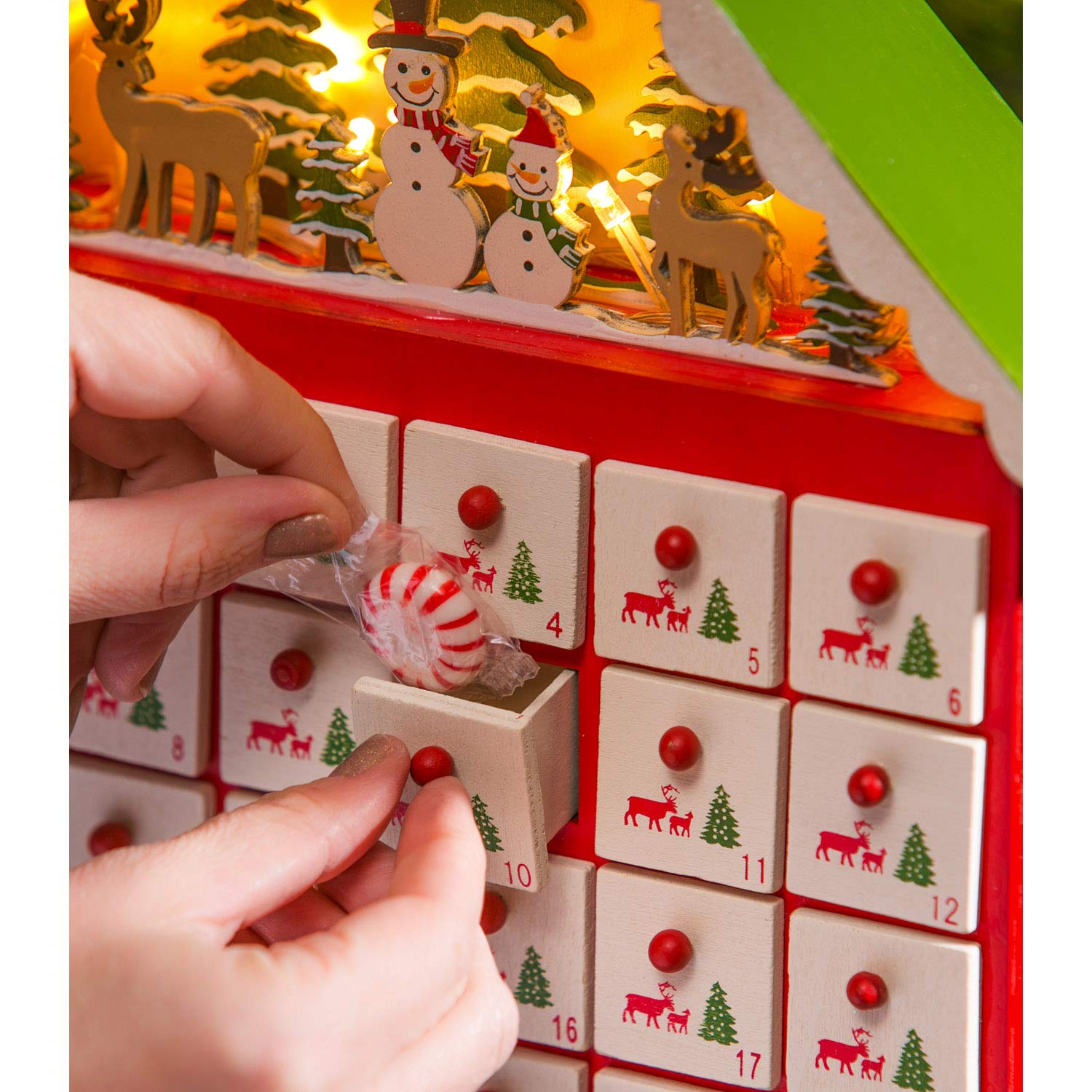 Cypress Home Christmas LED Illuminated Wooden Advent Calendar with 24 Drawers - 12 Inch Holiday Countdown Decor for Home, Office & Gift Giving