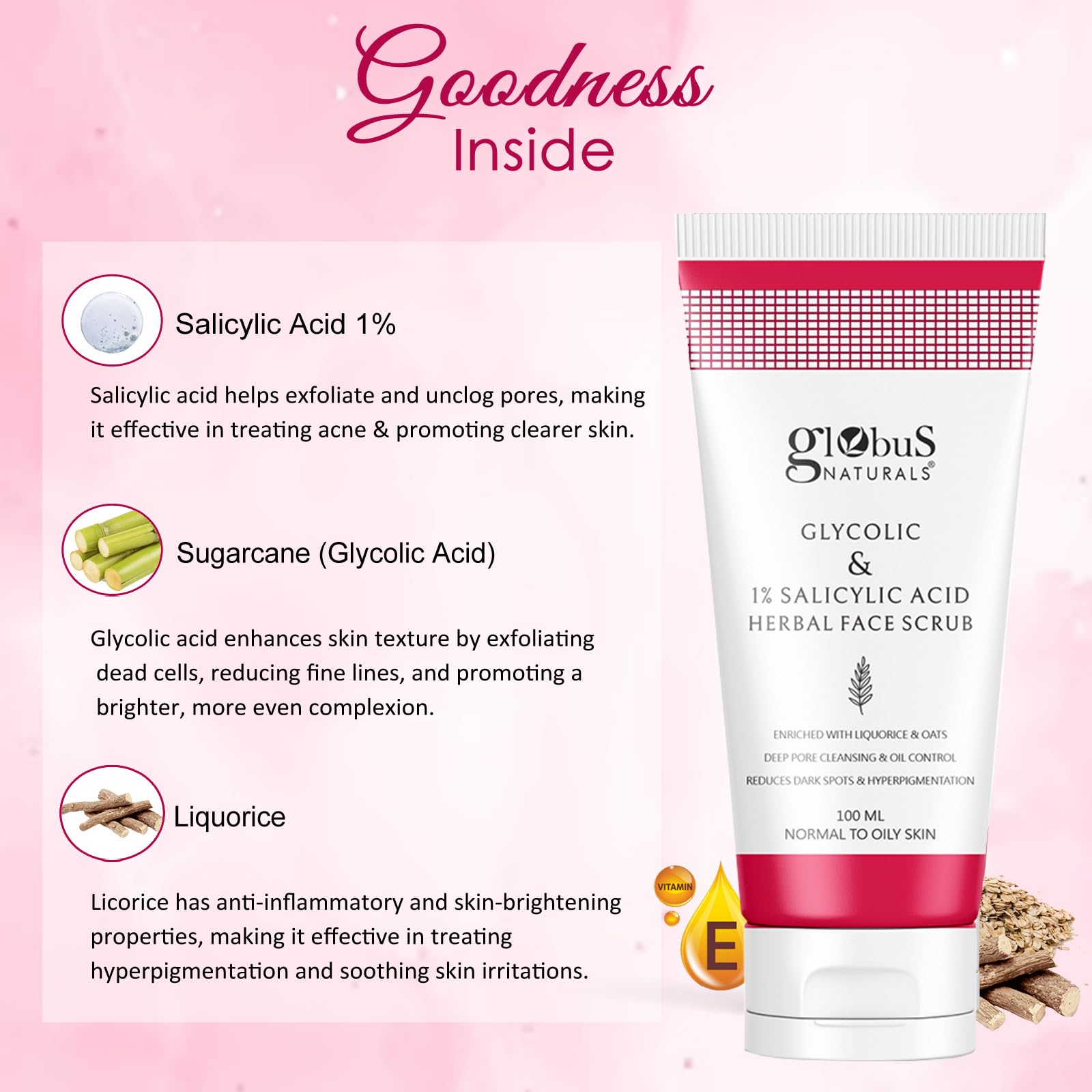 Globus Naturals Glycolic & 1% Salicylic Acid Anti-Acne Face Scrub with Licorice & Oats – Deep Pore Cleanser for Oily Skin, Reduces Dark Spots & Hyperpigmentation – 100g | Perfect for Daily Exfoliation & Acne-Prone Skin Care Routine