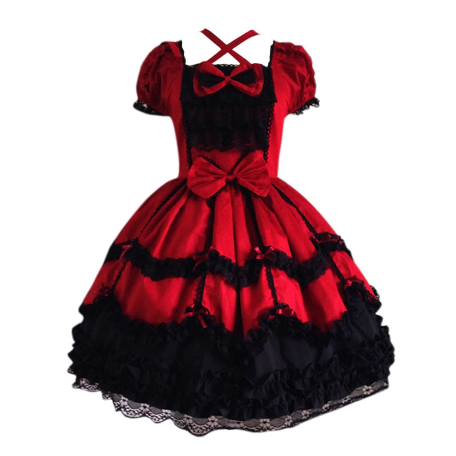 Vintage Patchwork Short Sleeve Gothic Lace Bow Dress for Women - Casual Knit Dress for Summer, Date Night & Gothic Fashion Lovers