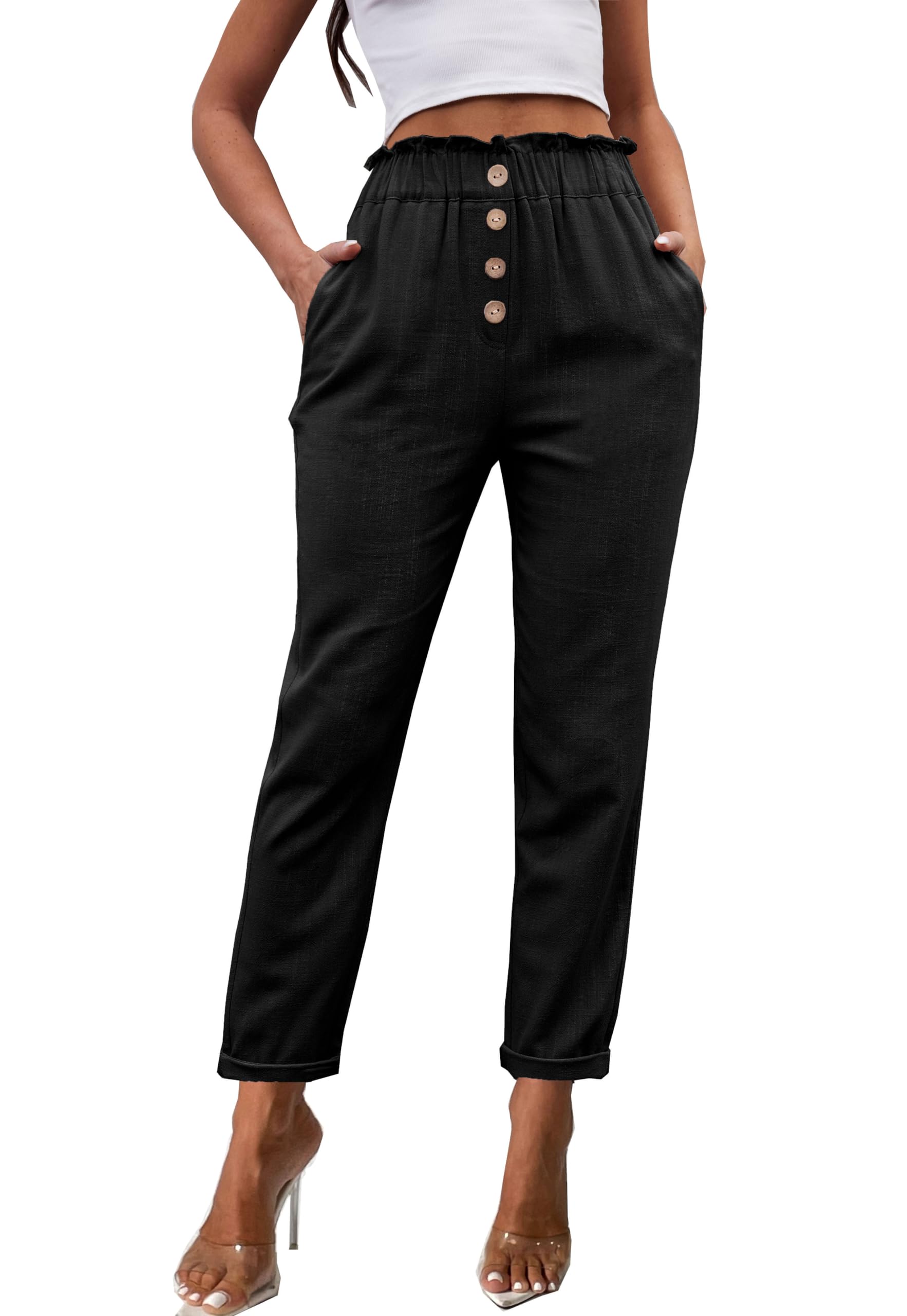Fakanhui Women's Linen Work Pants - Summer Business Casual High Waist Paperbag Cropped Trousers for Office & Outdoor Wear