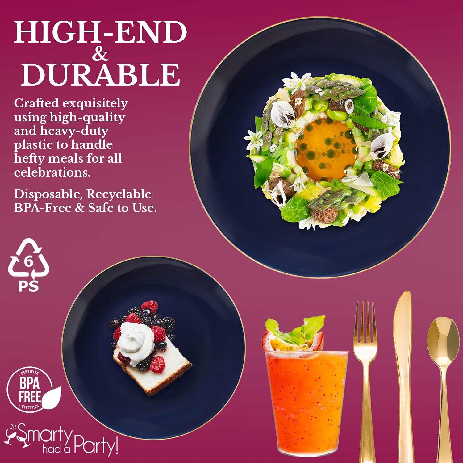 Eco-Friendly Disposable Plastic Plates with Elegant Rim Design - Bulk Round Dinnerware for Wedding, Birthday Party & Special Events (Navy Blue with Gold Trim, 120-Piece Wedding Set) - Perfect for Outdoor Gatherings, Catering & Hassle-Free Cleanup