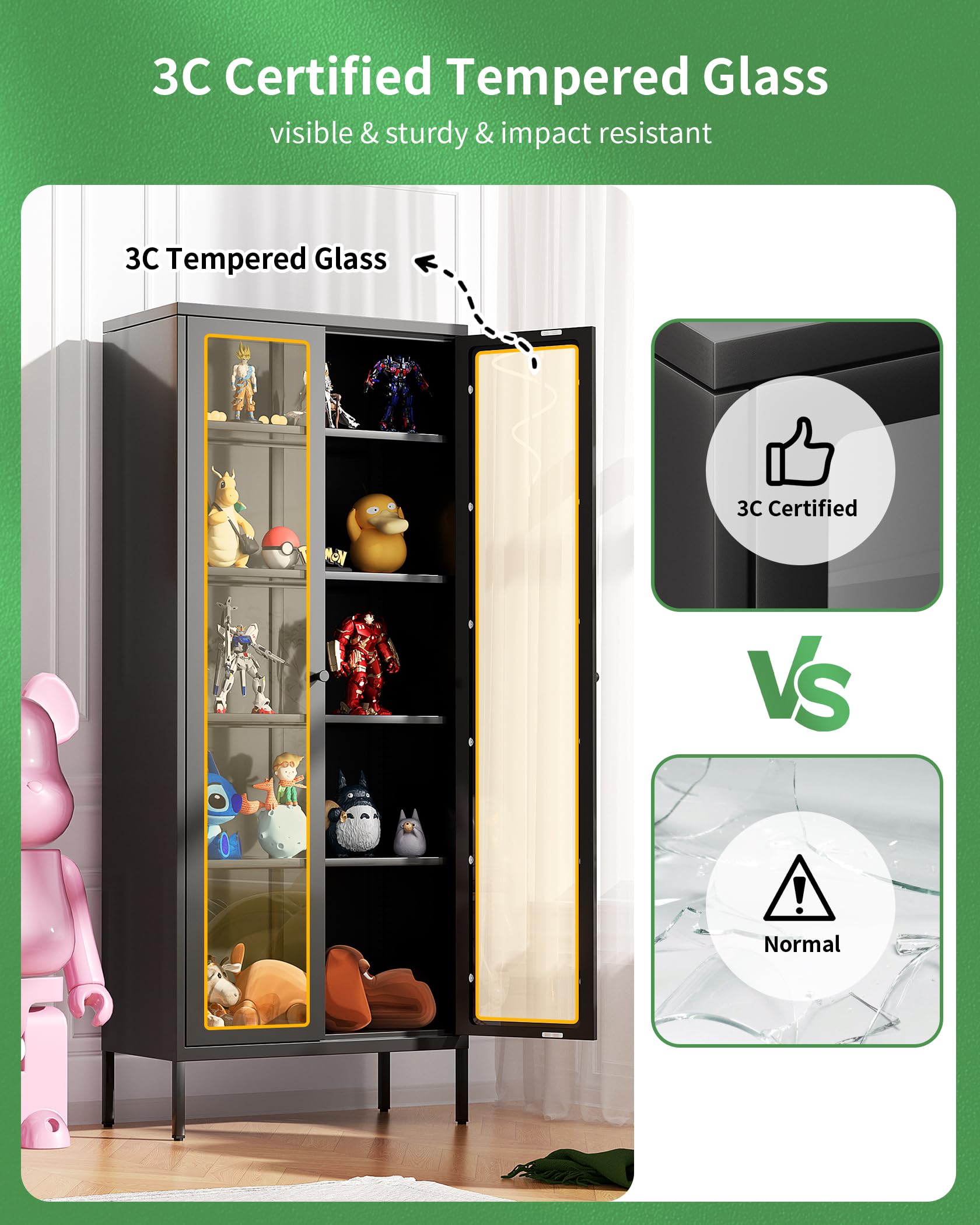 Greenvelly Black Metal Storage Cabinet with Glass Doors - 4-Shelf Modern Bookcase for Home Office, Living Room & Pantry - Display & Organize Collectibles, Books & Decor