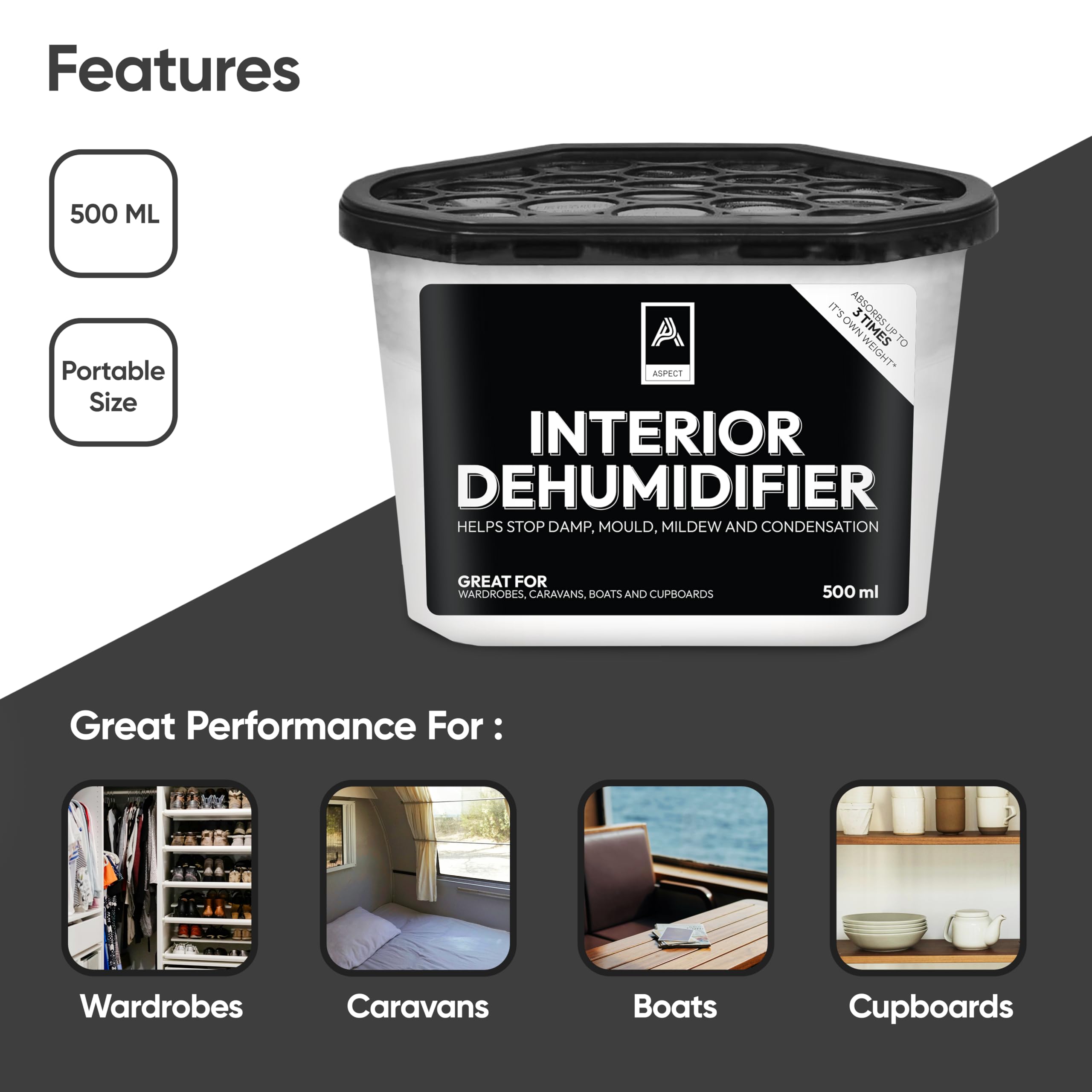 500ml Aspect Dehumidifier & Moisture Absorber - Eliminates Damp, Mold, and Condensation for Home, Kitchen, Wardrobe, Bedroom, Caravan, Office, Garage, Bathroom - Ideal for Humid Climates and Small Spaces (Pack of 20)