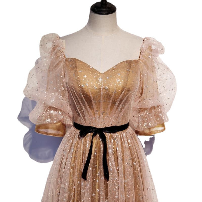 Elegant Gold Evening Formal Dress with Mid Sleeves - Sparkly Long Prom Gown for Women - Perfect for Prom, Homecoming, and Special Occasions