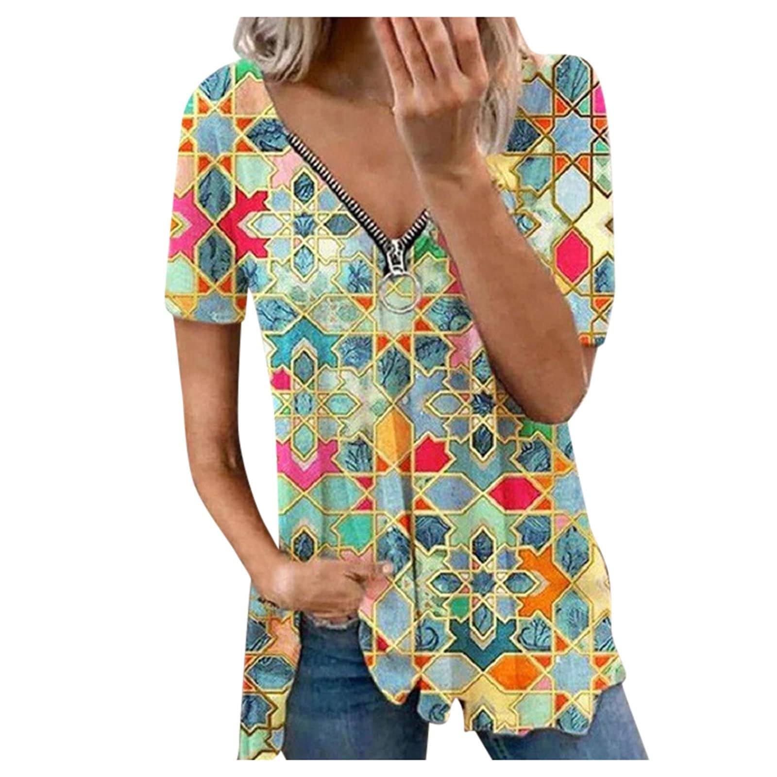 FMCHICO Women's Striped Print V-Neck Zipper Tunic Tee - Short Sleeve Casual Blouse & Loose Shirt for Everyday Wear, Office, and Weekend Outings