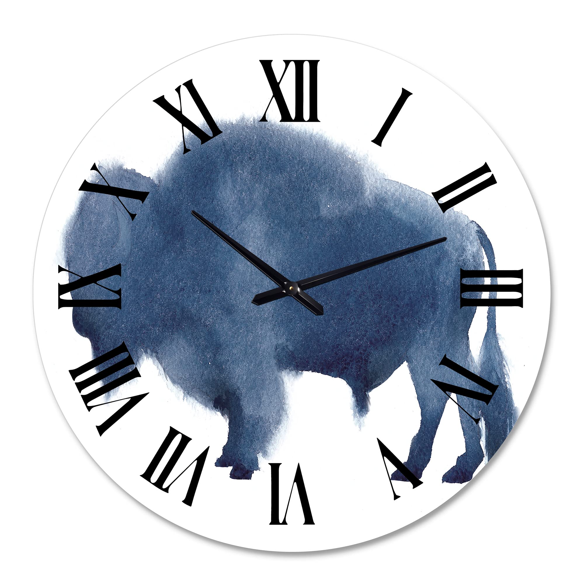 Farmhouse Wall Clock with Navy Blue Bison Silhouette - Large Rustic Animal Wall Decor for Living Room, Kitchen, Bedroom & Office - Perfect for Home, Cabin and Country Style Interior Design