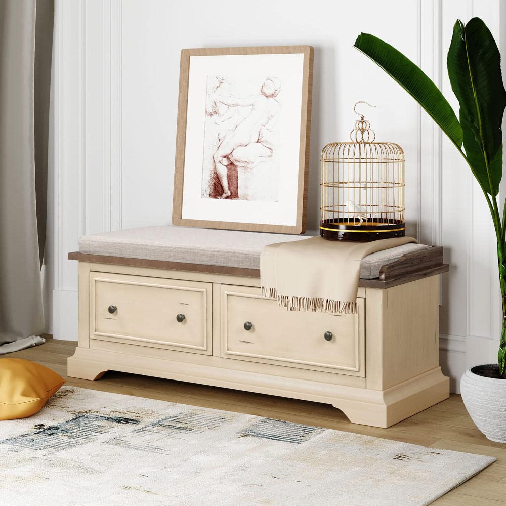 Wooden Storage Bench with 2 Large Drawers - Entryway Seating Shoe Rack Organizer with Removable Cushion - Fully Assembled Shoe Cabinet for Hallway, Living Room & Bedroom - Perfect for Entry Storage, Shoe Organization & Extra Seating