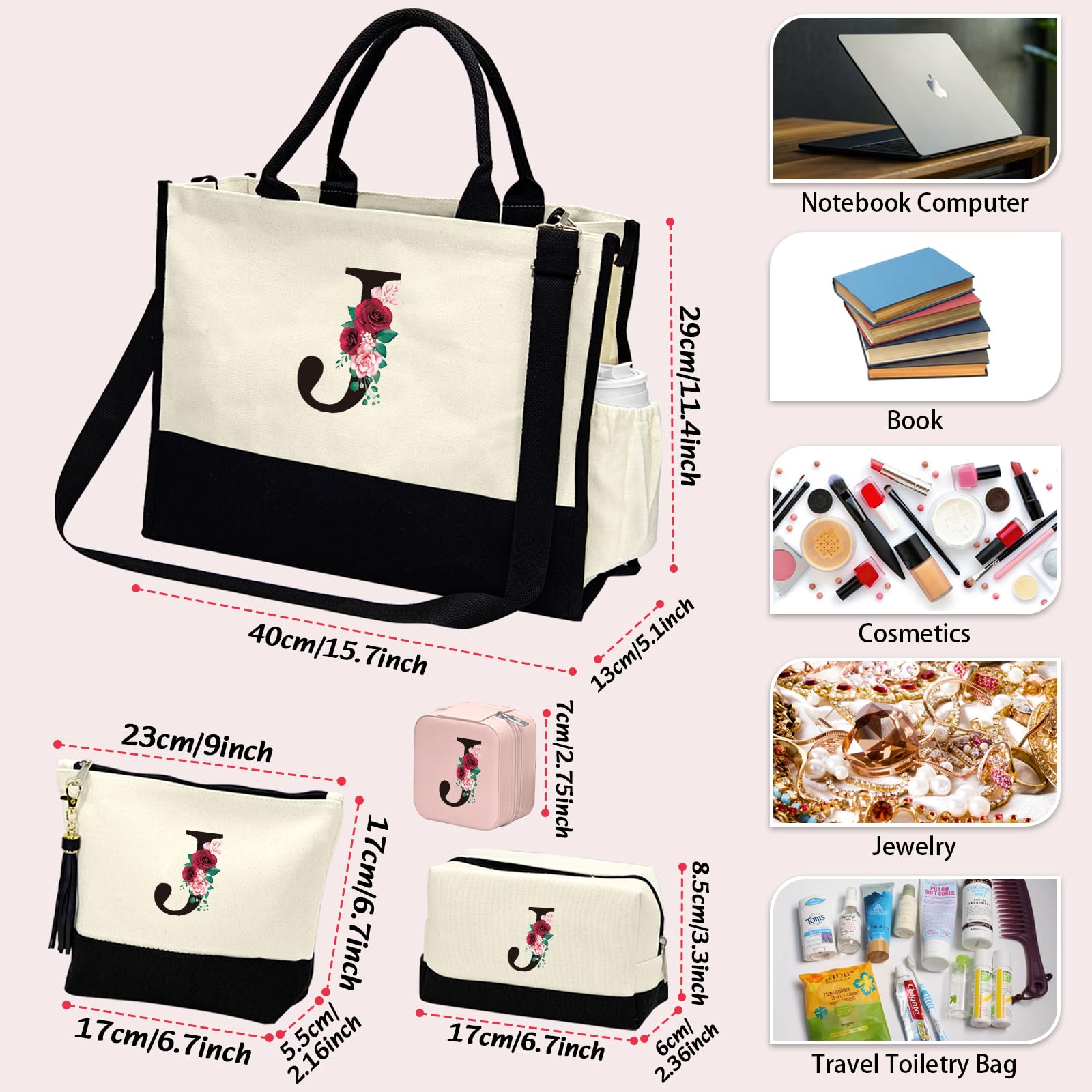 AMGKNOP Personalized Initial Canvas Tote Bag & 2 Makeup Bags Set for Women - Monogrammed Jewelry Travel Case Gift for Mom, Grandma, Teacher - Perfect for Birthday, Travel & Daily Use