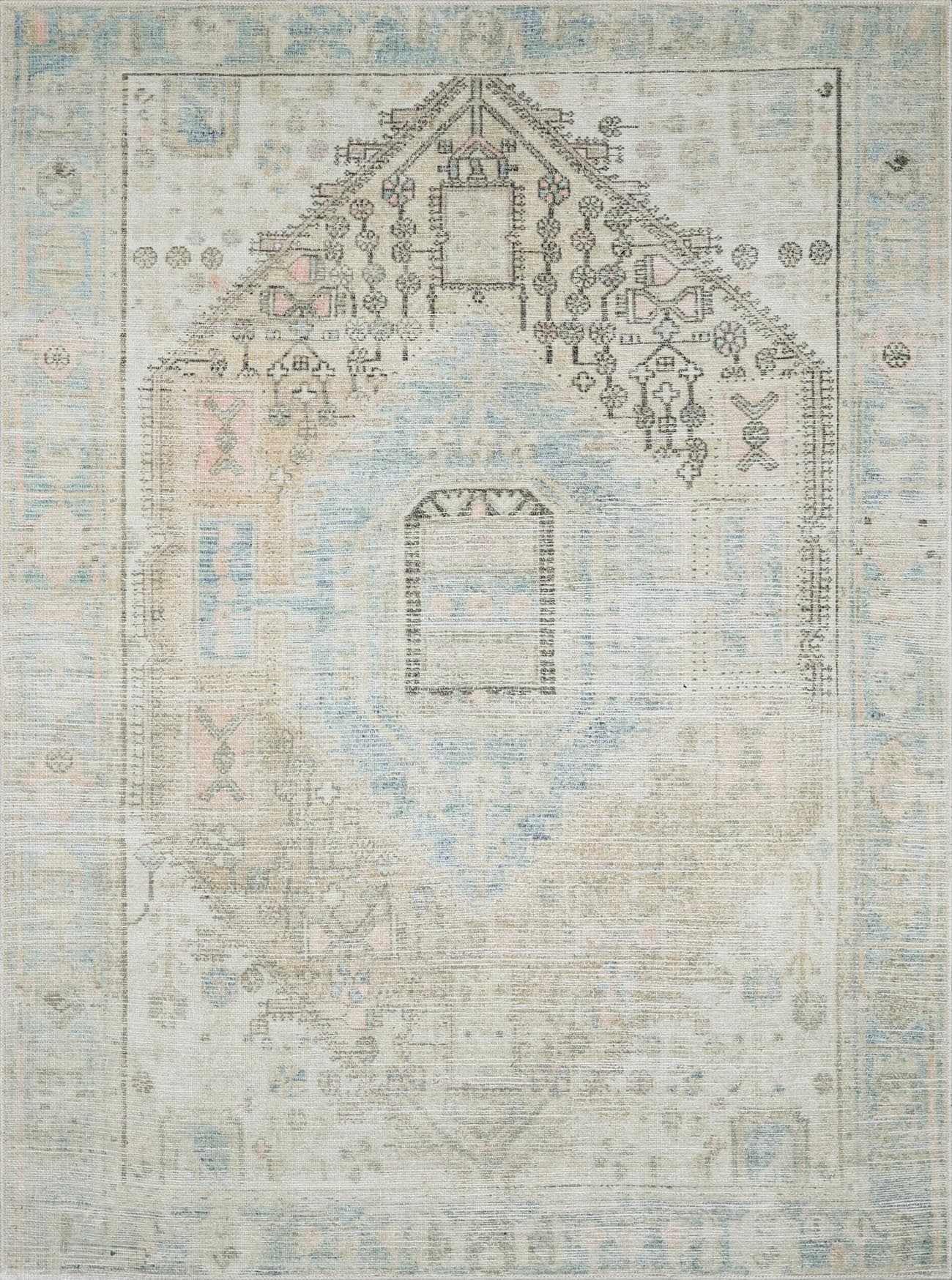 Premium Hauteloom Baloy Washable Area Rug for Living Room & Bedroom - Traditional Design in Coral, Denim, Olive - 5'3