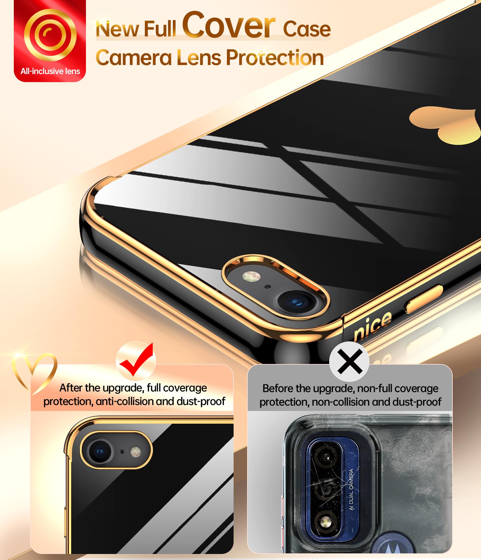 Luxury Bling Heart Soft TPU Phone Case for iPhone 7/8 with 2-Pack Tempered Glass Screen Protector - Cute Girly Women's Protective Cover for Everyday Use, Work & Travel (Black)