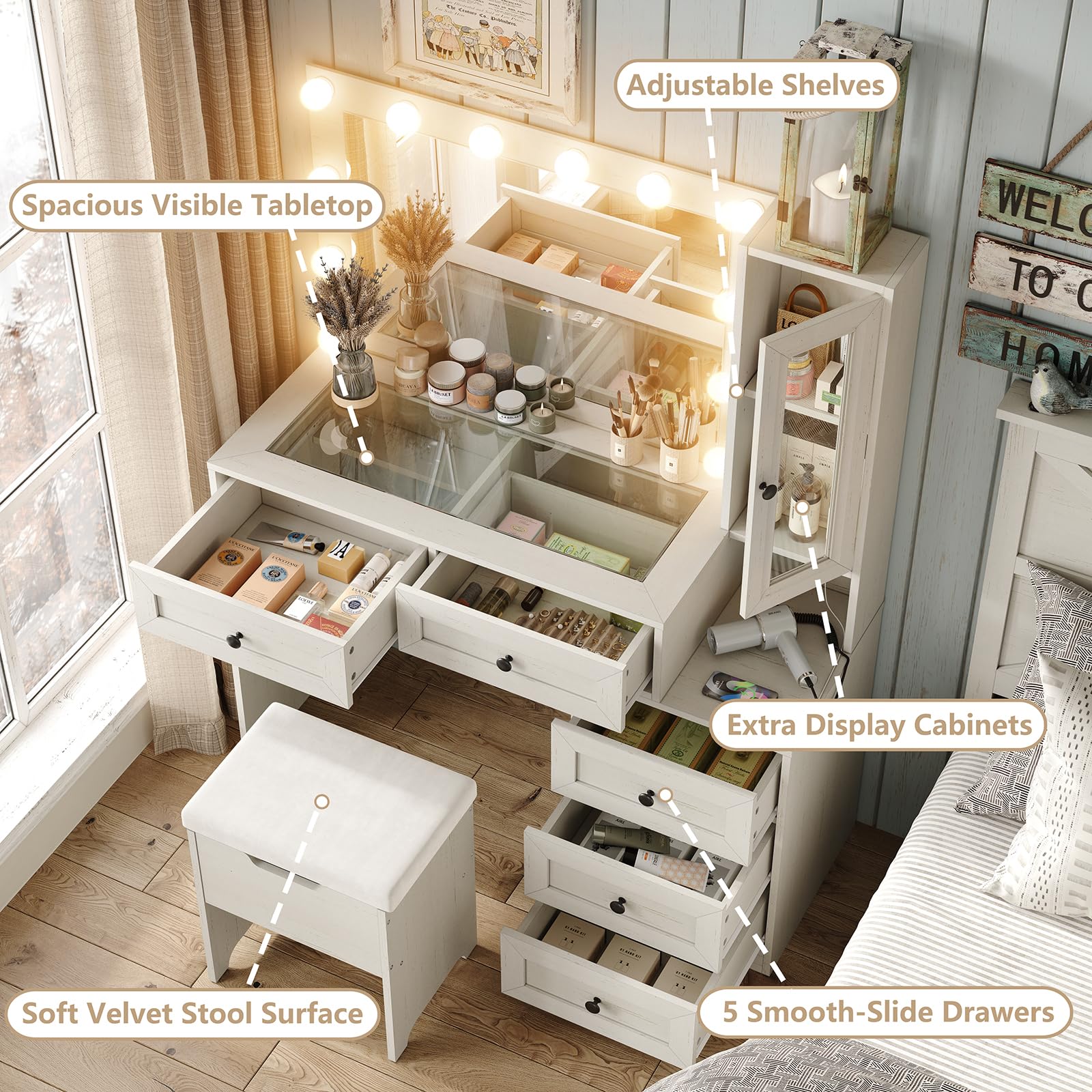 Farmhouse Vanity Mirror with LED Lights - Large Makeup Dressing Table Set with Glass Top, Built-in Charging Station & Power Outlet, 3 Adjustable Lighting Modes - Perfect for Bedroom, Bathroom or Dressing Room (White)