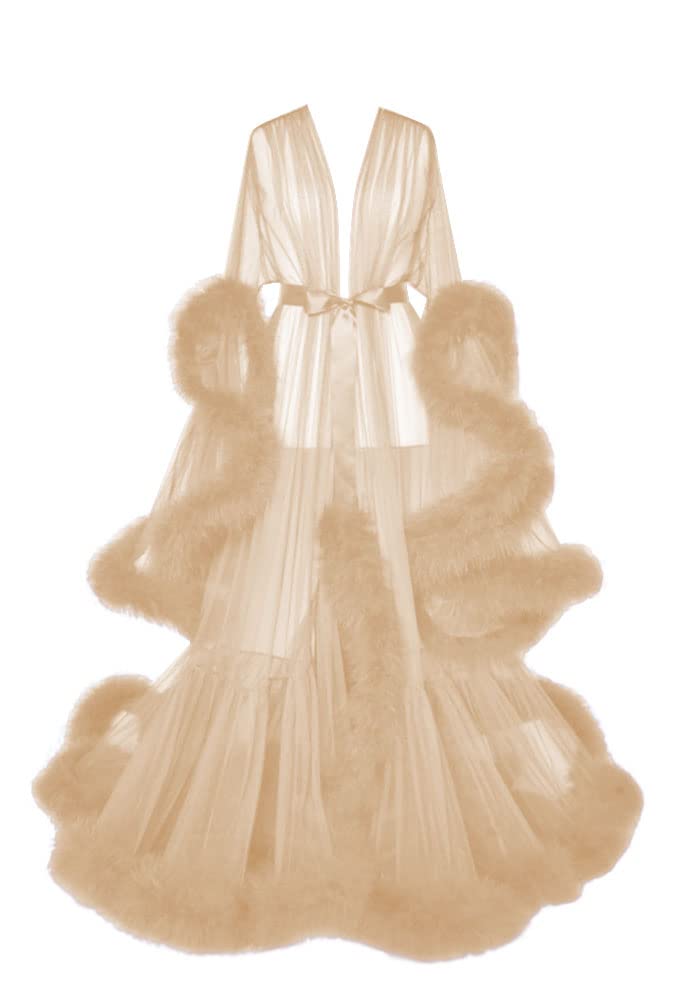 Vintage Hollywood Feather Bridal Robe for Women - Elegant Long Wedding Scarf, Nightgown & Bathrobe - Soft Tulle Lingerie Robe with Belt for Bridal Shower, Honeymoon & Special Occasions