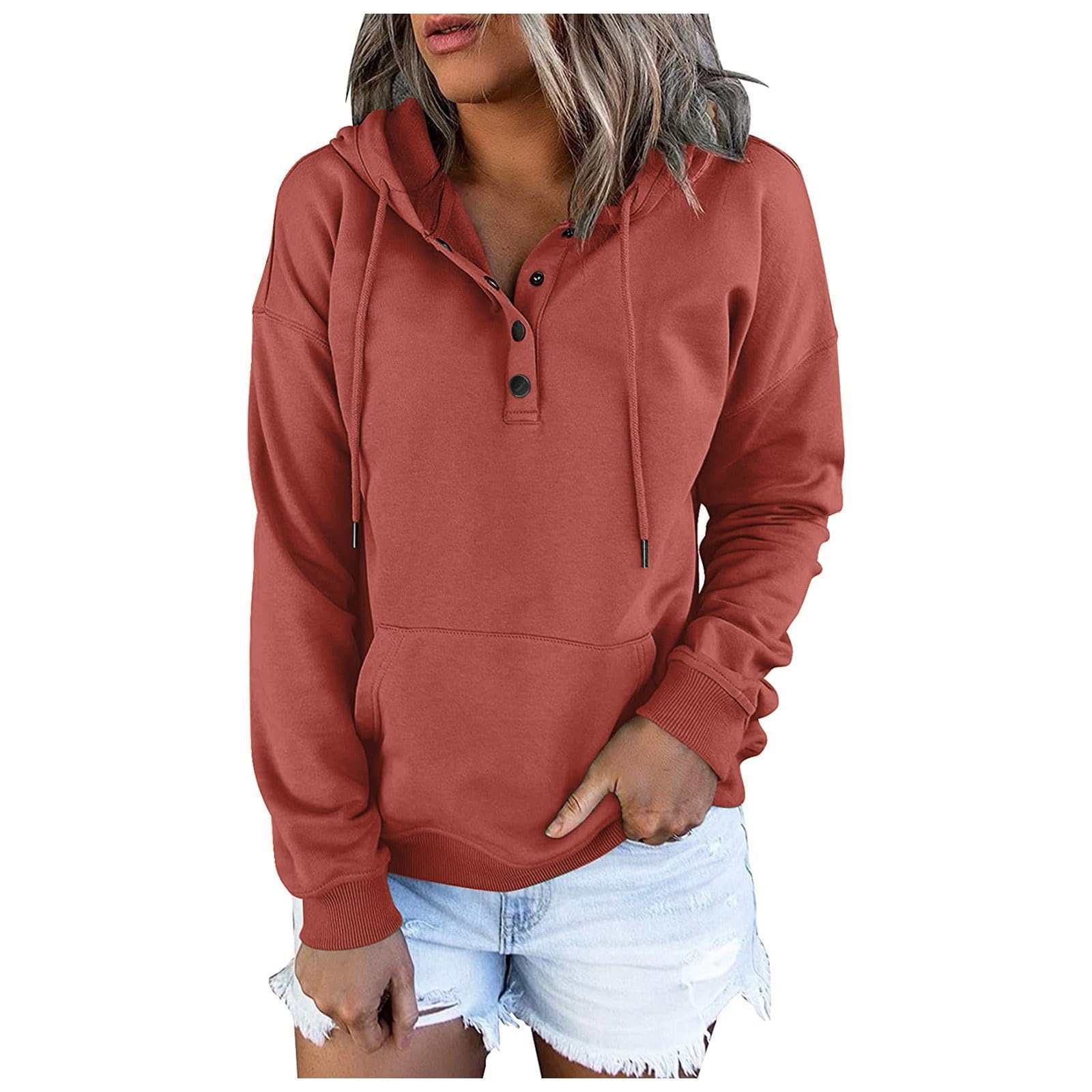 Women's Essential Hoodie USA - Button-Up Collar V-Neck Drawstring Sweatshirt, Pullover Casual Long Sleeve Top for Everyday Comfort and Style