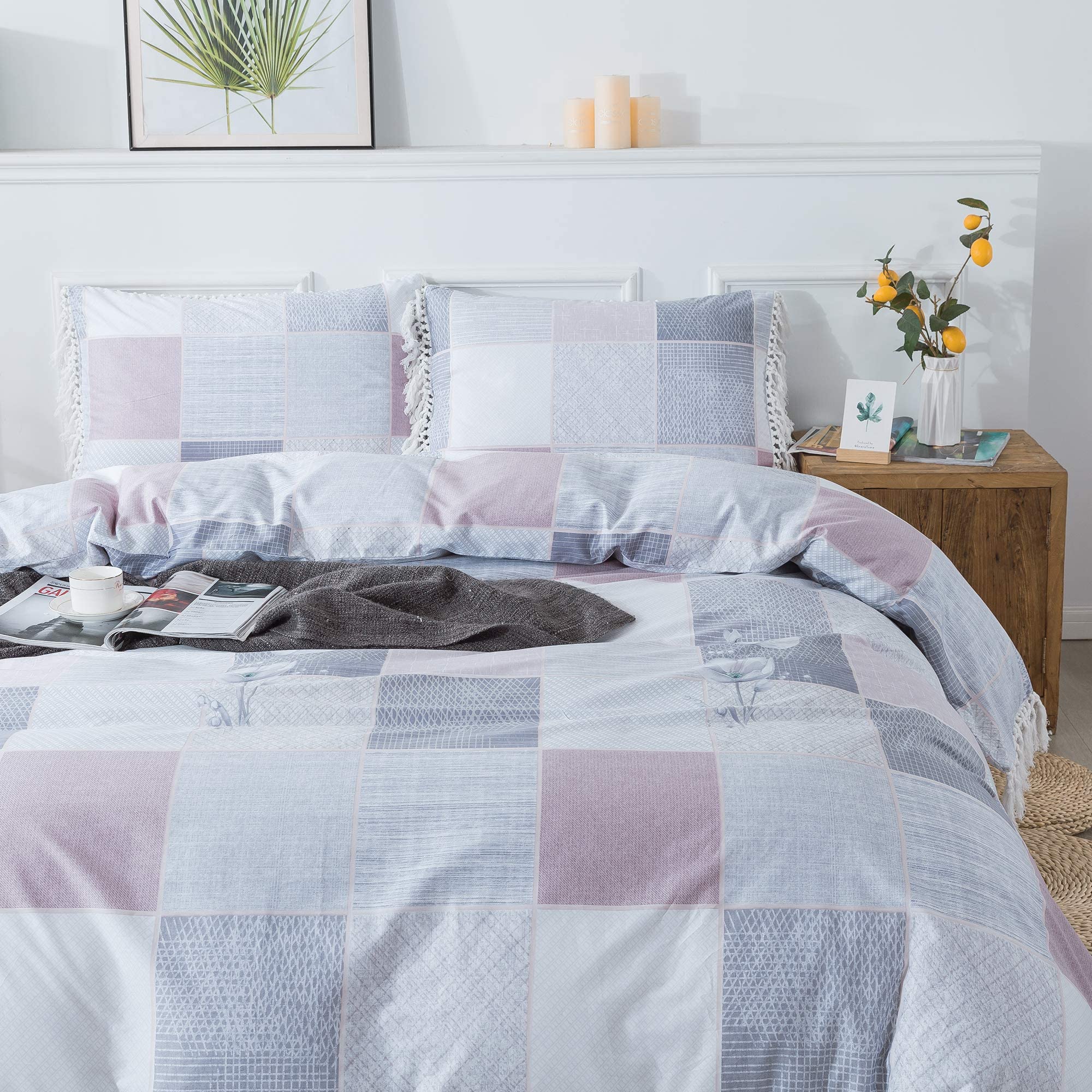 Softta Luxury White Tassel Bedding Set King Size 3Pcs - 100% Cotton Geometric Plaid Duvet Cover with Decorative Tassels | Elegant Bedroom Decor for Master Suite, Guest Room & Vacation Homes