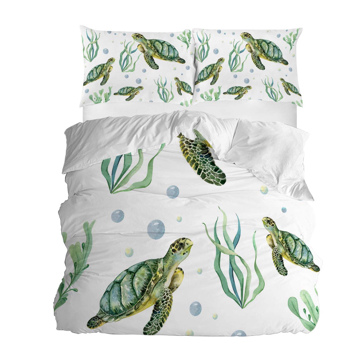 Queener Home 3-Piece California King Bedding Set - Sea Turtle, Seaweed & Bubbles Duvet Cover with 2 Pillow Shams | Underwater Ocean Theme | Perfect for Beach House, Kids Room or Coastal Decor