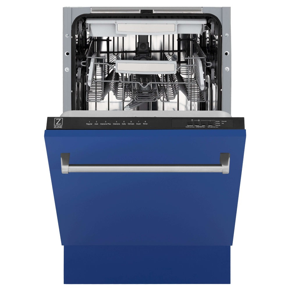 ZLINE 18 Inch Tallac Series 3rd Rack Top Control Built-In Dishwasher - Blue Matte Finish with Stainless Steel Tub, 51dBA Quiet Operation (DWV BM 18) | Perfect for Modern Kitchens, Small Spaces & Energy-Efficient Homes