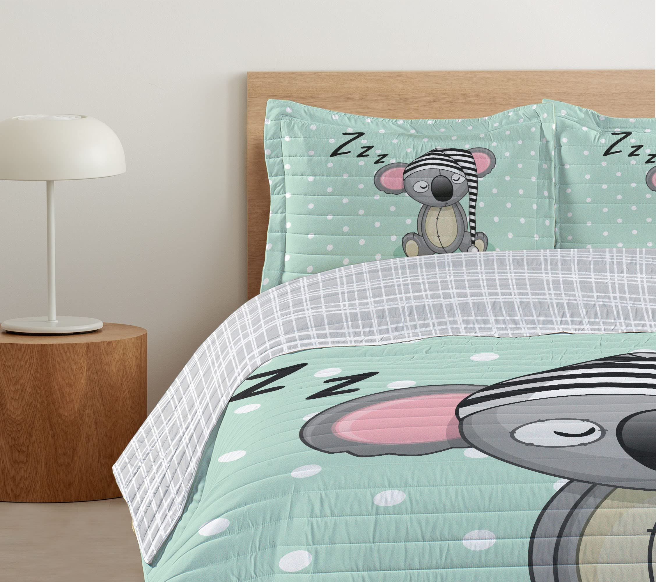 Ambesonne Koala Reversible King Size Bedspread Set - Mint Green Grey Pink Microfiber Comforter with Pillow Shams, Playful Polka Dot & Striped Hat Design - Perfect for Kids' Bedrooms, Nursery Decor, and Cozy Animal-Themed Bedding