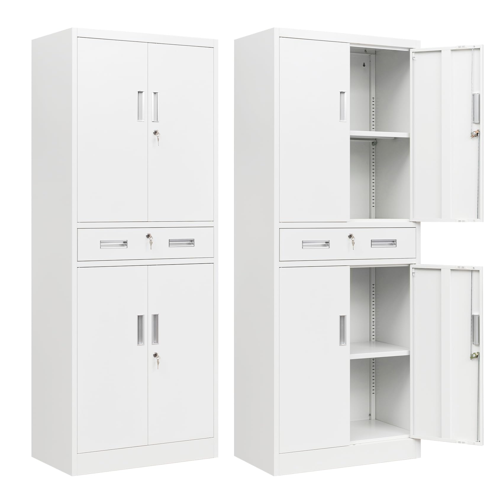 BESFUR Metal Storage Cabinet with Drawer & Adjustable Shelves - White Garage, Office, School Organizer for Tools, Supplies & Equipment