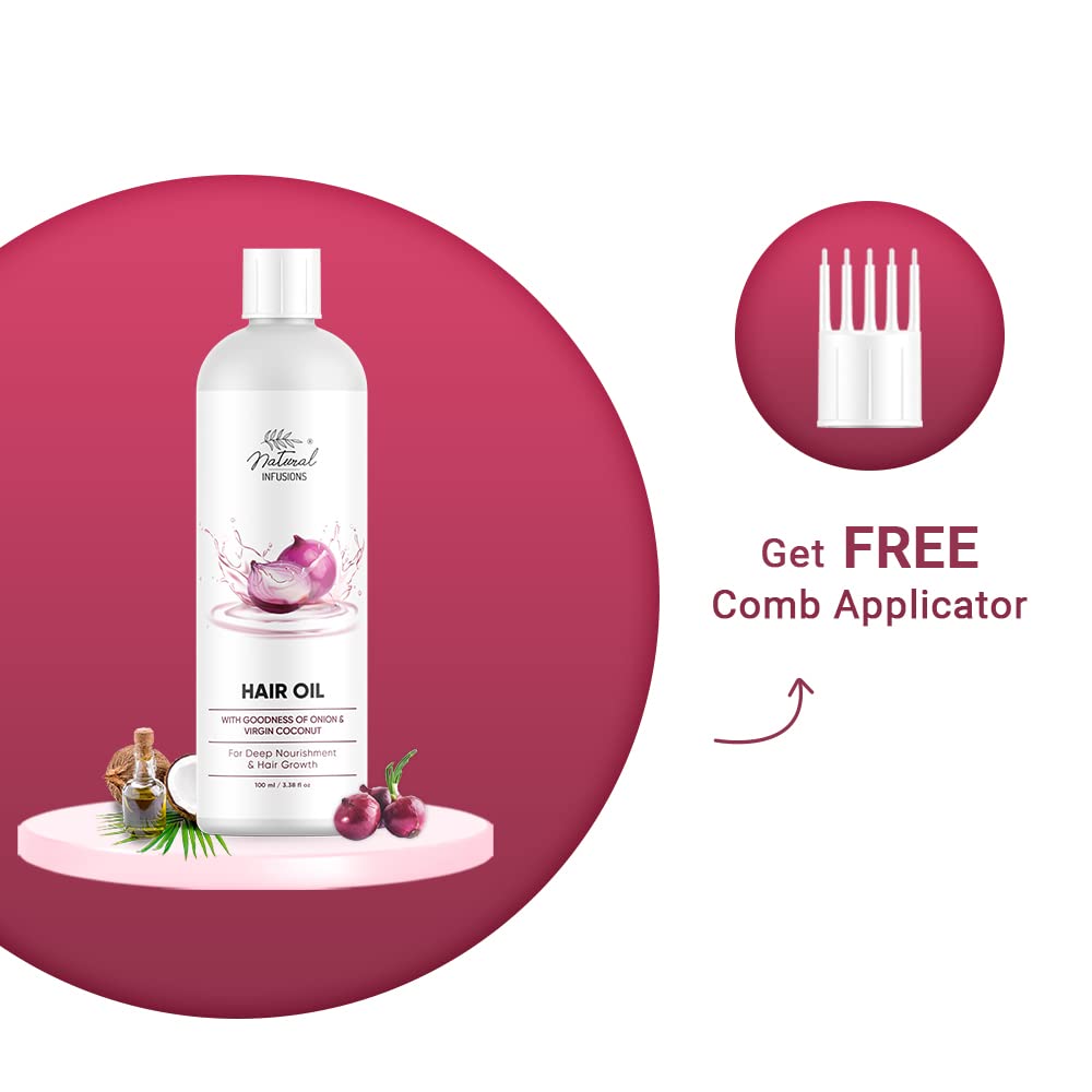 Organic Onion & Virgin Coconut Hair Oil for Silky Strong Hair Growth | Reduces Hair Fall with Comb Applicator | 100ml Bottle | Perfect for Daily Hair Care & Scalp Massage at Home