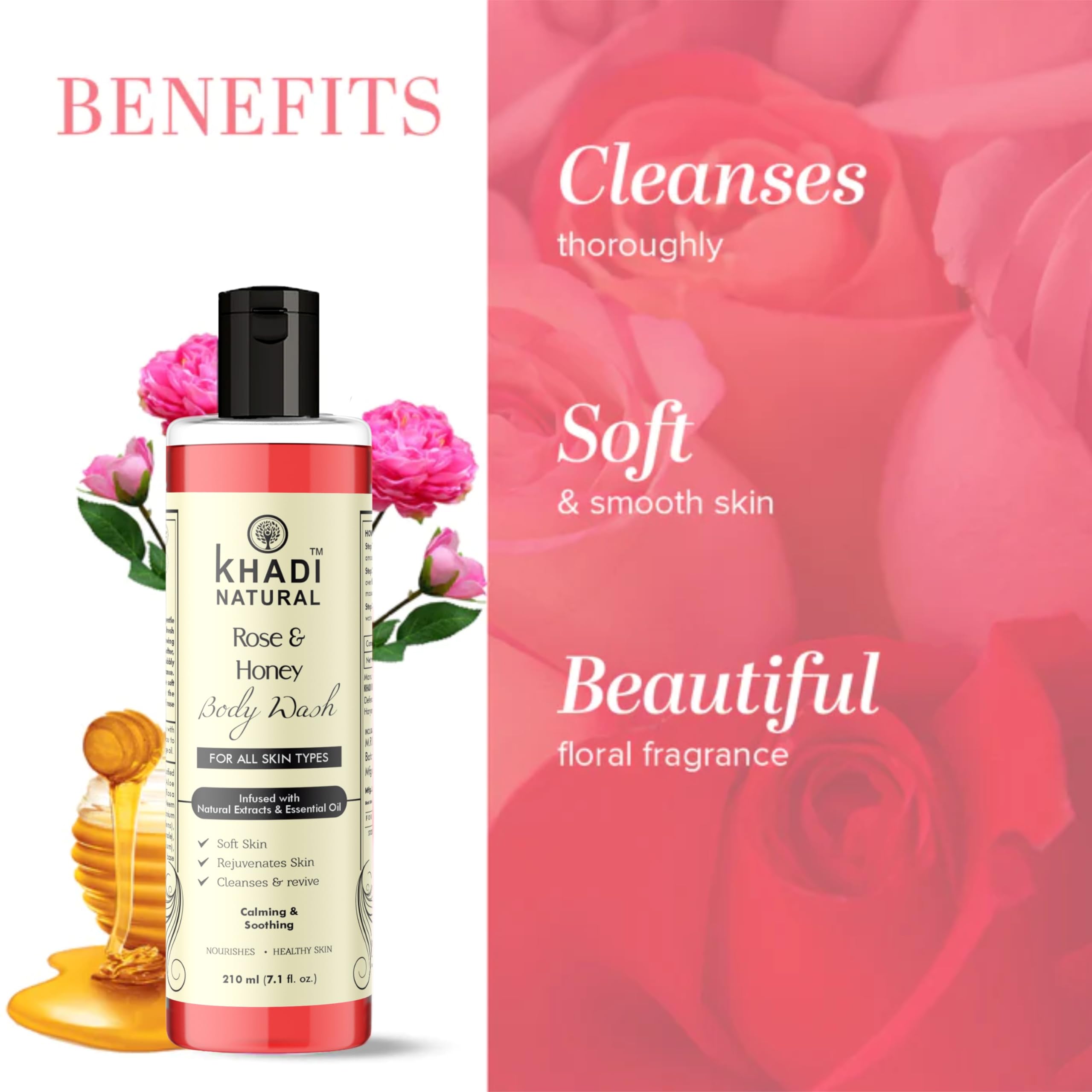 Khadi Natural Herbal Rose & Honey Body Wash - Sulfate & Paraben Free - 210ml | Moisturizing & Nourishing for Dry Skin | Perfect for Daily Shower & Spa Relaxation