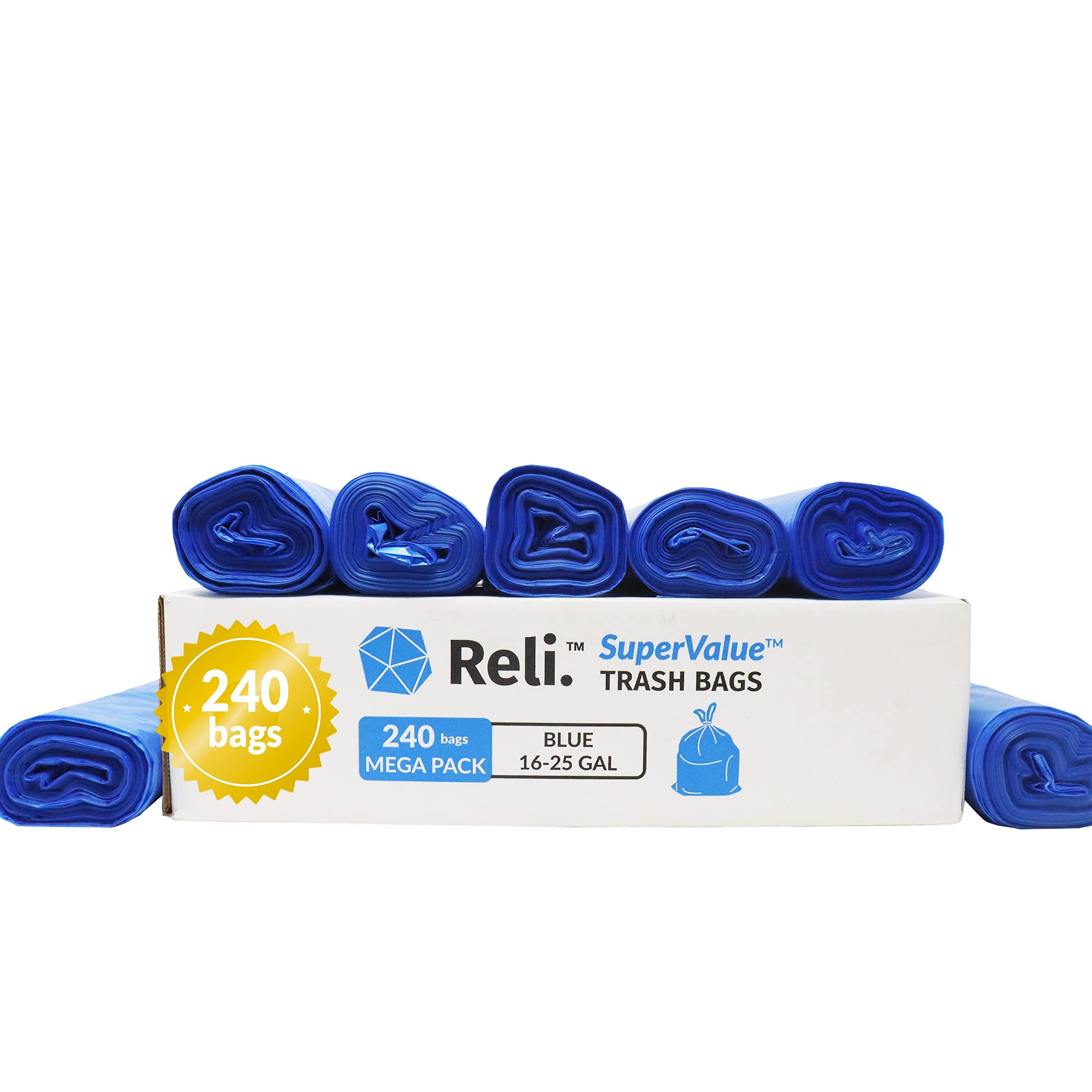 Reli. SuperValue 16-25 Gallon Heavy Duty Recycling Bags | 240 Count Bulk Pack | Blue Trash Bags for Home, Office & Outdoor Use | Eco-Friendly Waste Disposal Solution