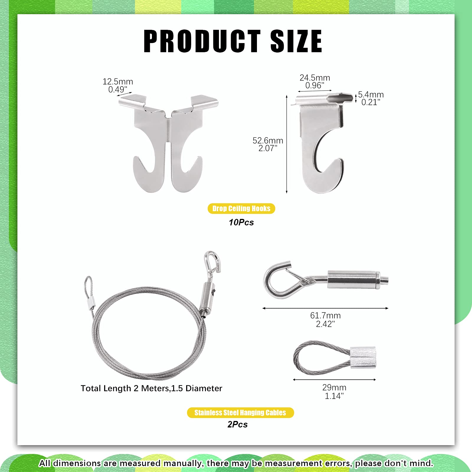 12 Pack Heavy Duty Stainless Steel Drop Ceiling Hooks with Hanging Rope Wire - T-Bar Tile Hangers for Plants, Signs, Lights - Perfect for Home, Office & Retail Display Organization