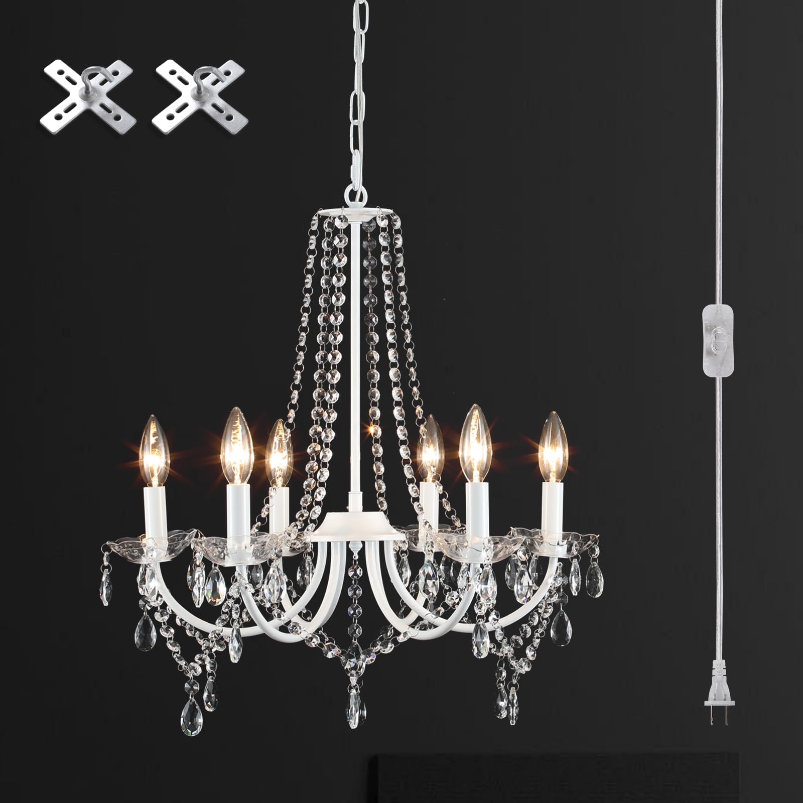 MEIJIA Modern Crystal Chandelier - 6-Light Plug in Ceiling Fixture with 15.75ft Cord, White Mini Chandelier for Dining Room, Bedroom, Bathroom & Hallway | Elegant Lighting for Home Decor & Special Occasions