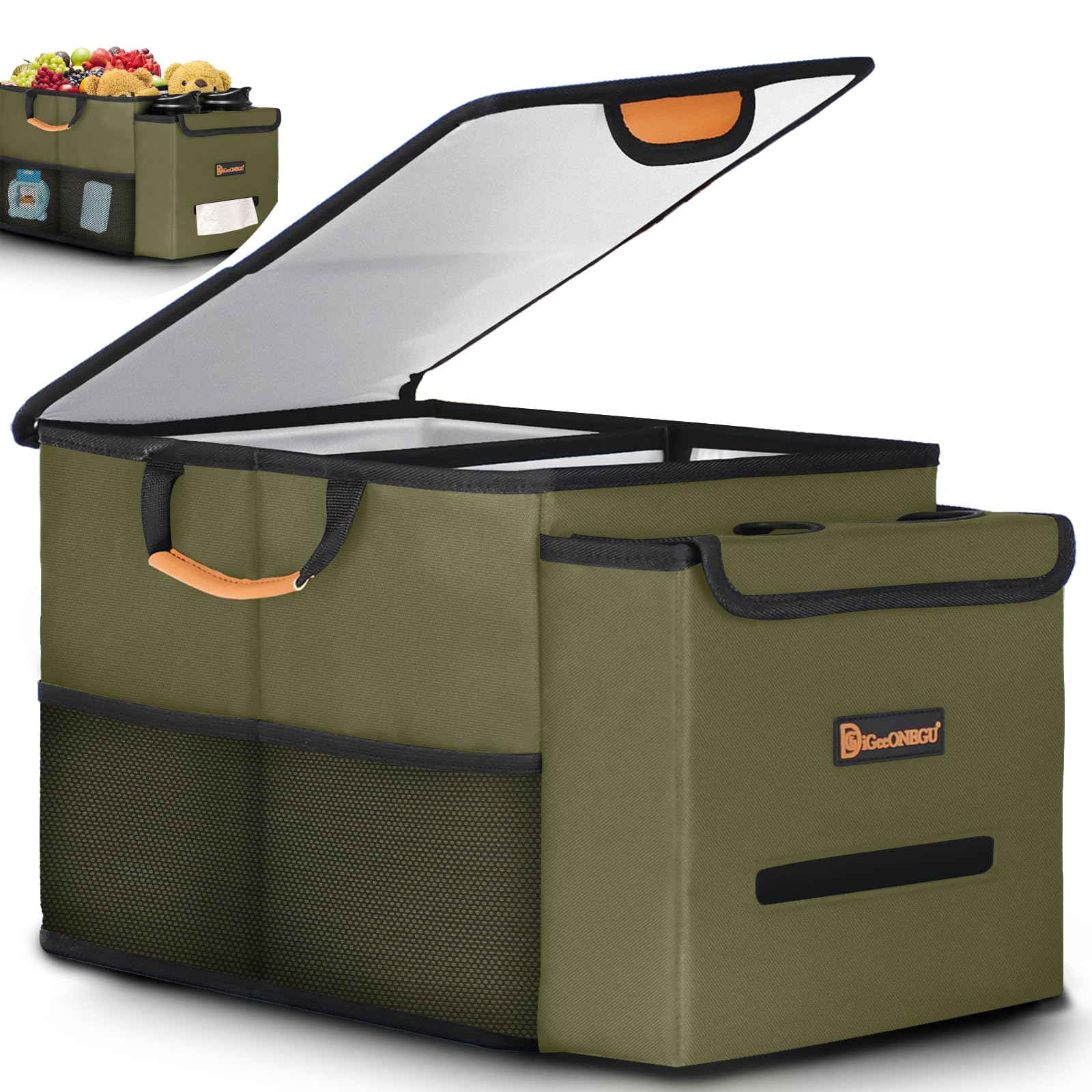 Car Seat Organizer with Cooler Compartment & Cup Holder - Front & Back Seat Storage for Kids - Travel Organizer with Lid, Tissue Holder for Road Trips & Family Vacations - Olive Green