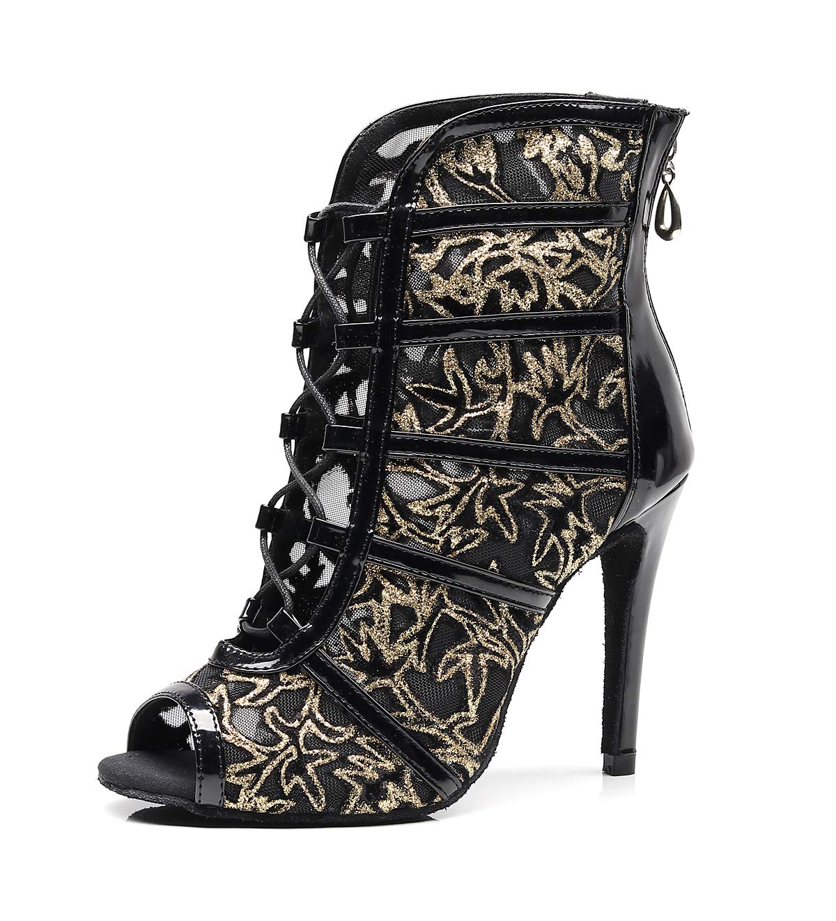 Goettin Women's Ballroom Dance Shoes with Straps - 10cm High Heel Modern Dance Boots with Suede Bottom for Latin, Salsa, and Tango Performances