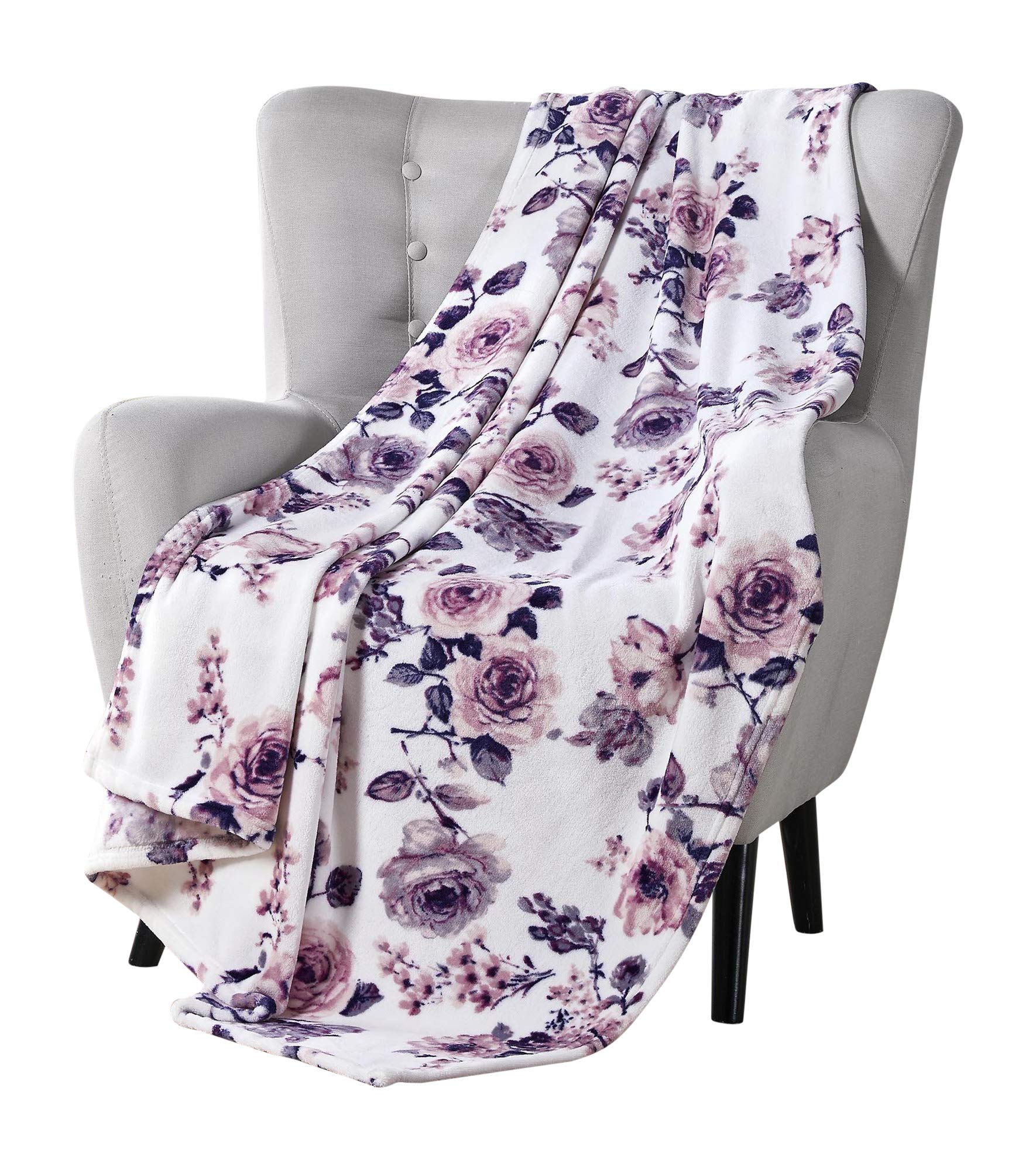 Soft Plush Decorative Throw Blankets - Lively Rose Floral Design for Couch, Bed & Sofa - Blush Pink, Purple, Navy Blue, Grey & White Colors - Perfect for Home Decor, Cozy Evenings & Gift Giving