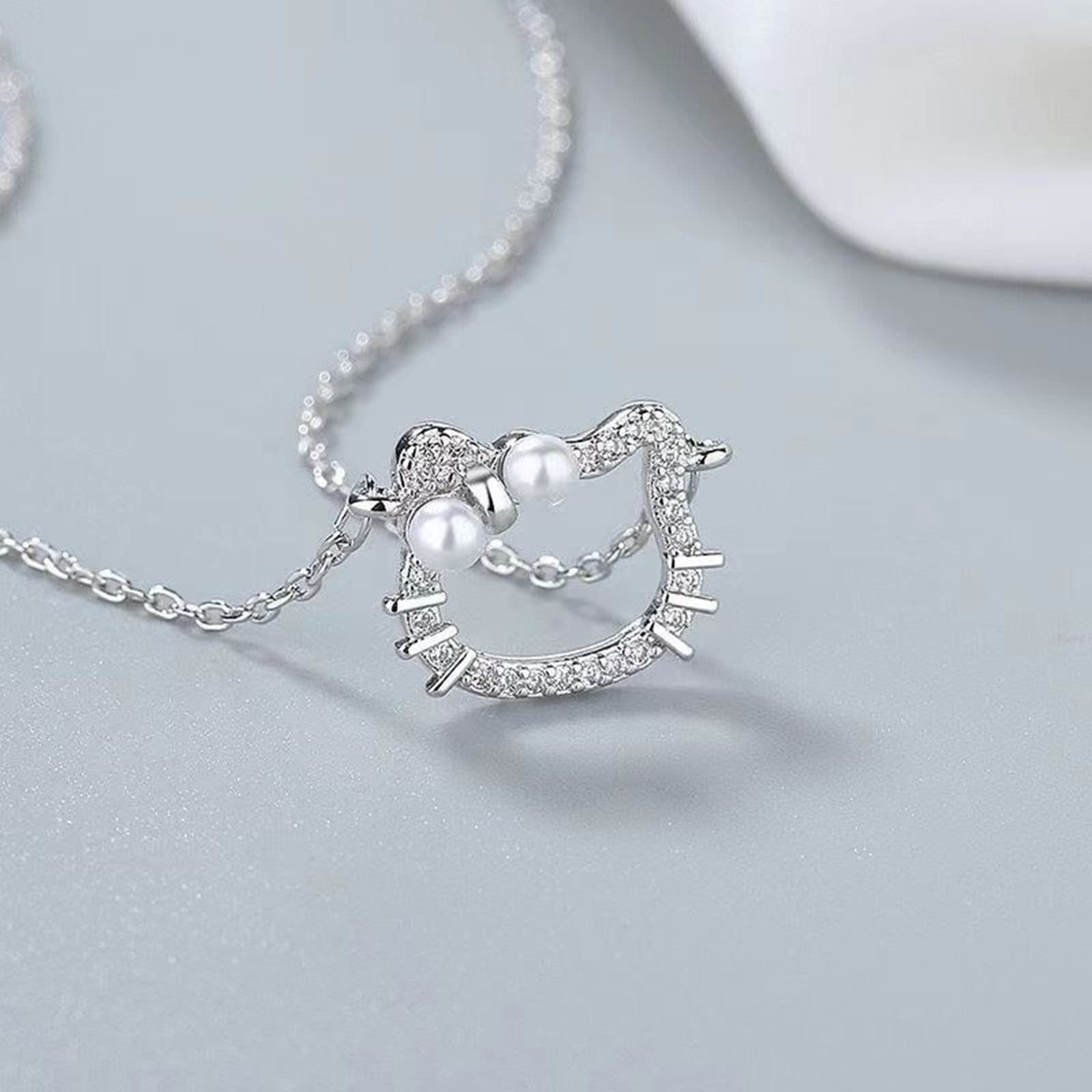 Sterling Silver Cat Necklace with Pearl & Zirconia - Cute Gift for Women & Teens - Perfect for Parties & Daily Wear