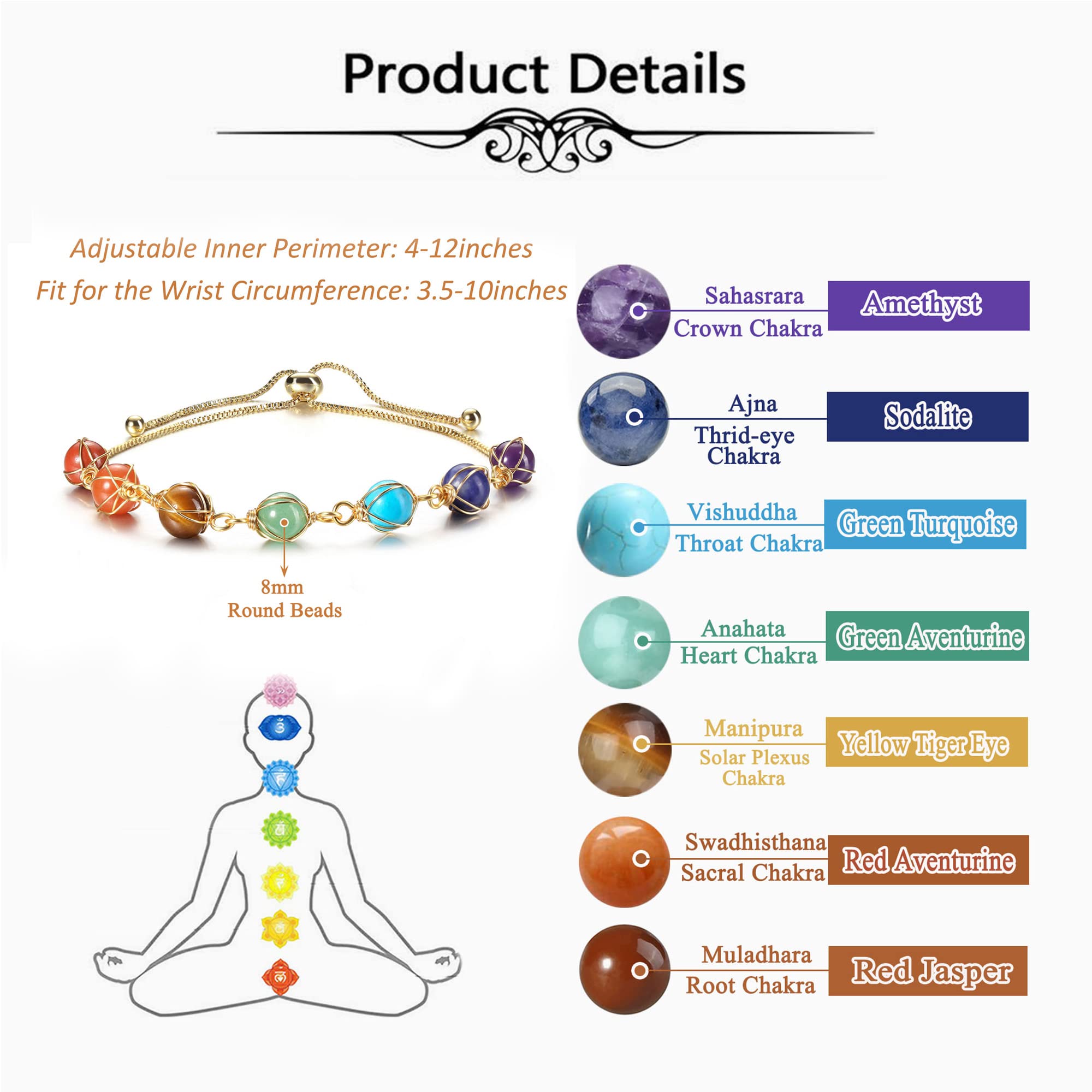 7 Chakra Healing Crystal Stone Bead Adjustable Ankle Bracelet - 14K Gold Plated Women's Spiritual Jewelry for Meditation, Yoga & Positive Energy - Perfect Birthday Gift for Mom, Wife & Loved Ones