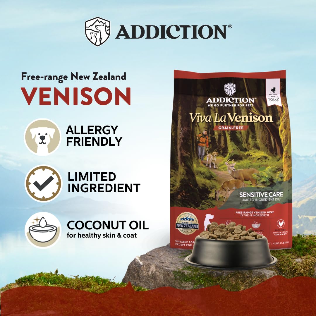 Addiction Viva La Venison Premium Grain-Free Dry Dog Food - Single Protein & Novel Meat with Probiotics - No Chicken, Beef, or Turkey - Ideal for All Dogs & Puppies - 20lb Bag for Sensitive Stomach & Allergy Relief - Perfect for Indoor & Outdoor Active Dogs