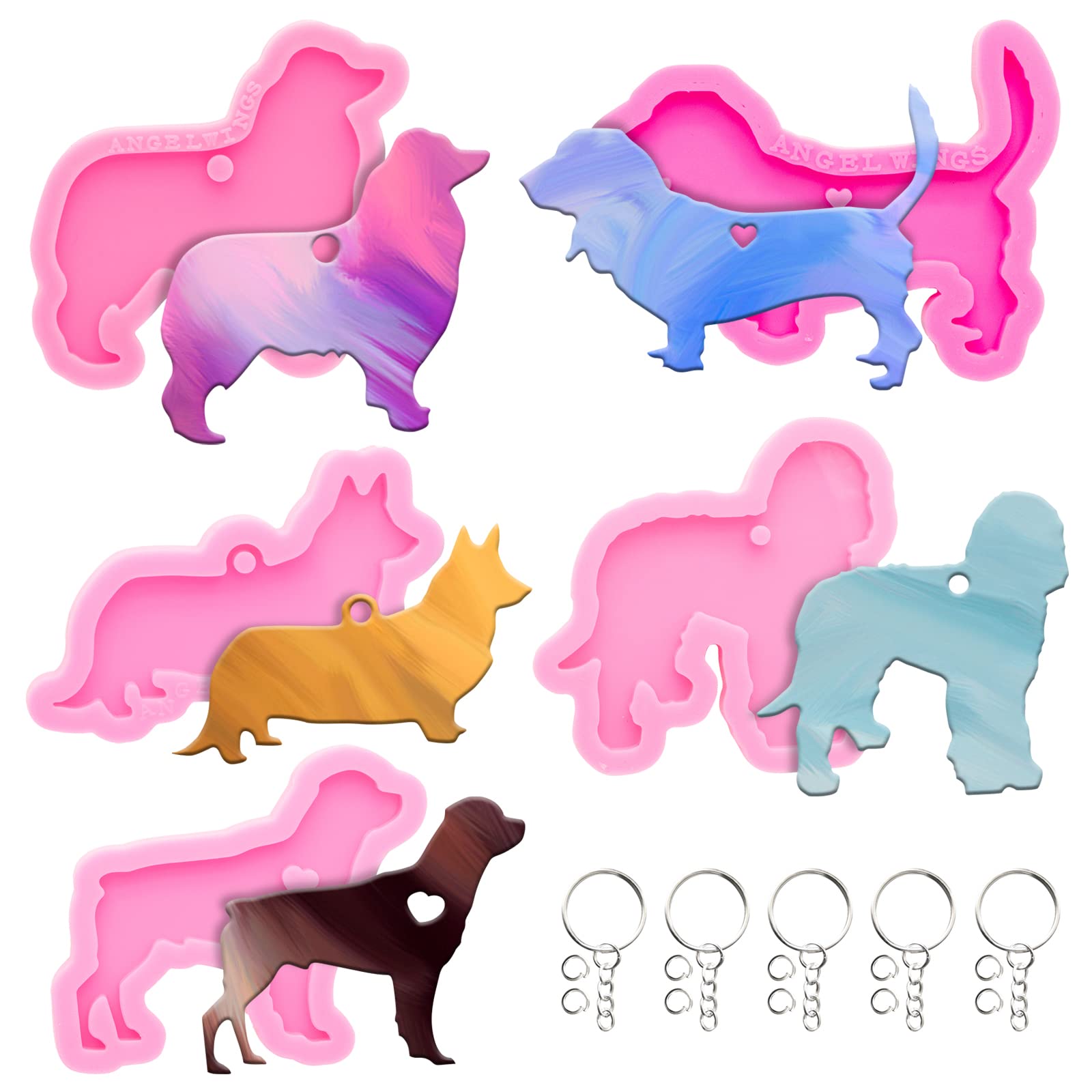 65Pcs Epoxy Resin Molds Kit - 5 Dog Shape Silicone Molds for DIY Resin Casting, Keychain Making, Jewelry Pendants & Pet Tags | Polymer Clay Molds for Crafts, Gifts & Home Decor Projects