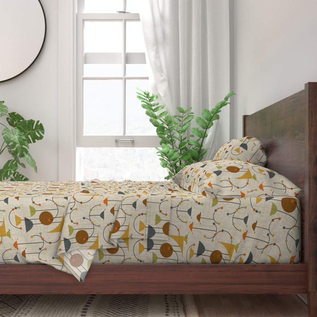 Mod Planets Mid Century Space Retro 1950s Geometric Abstract Vintage Print 100% Cotton Queen 4-Piece Sheet Set | Custom Bedding for Retro & Boho Bedroom Decor