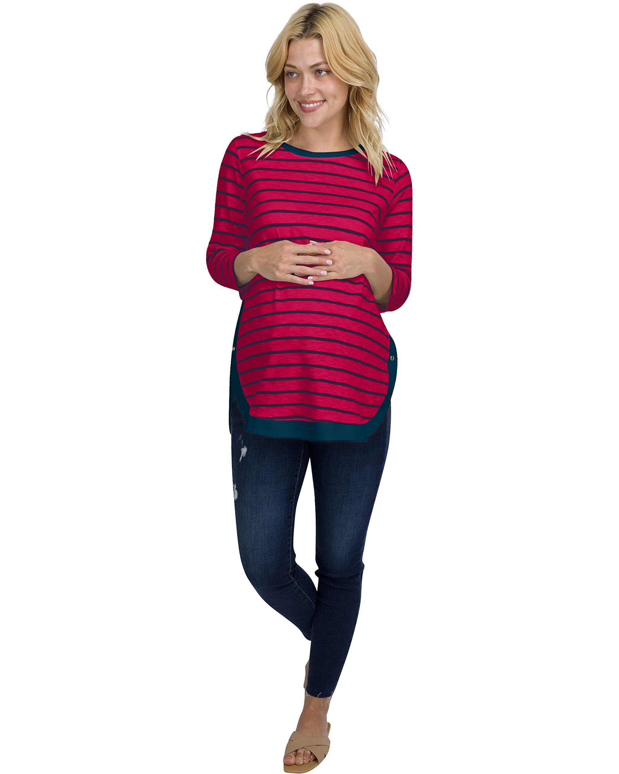 Stylish Striped Side-Button Maternity Nursing Top - Lightweight Long Sleeve Shirt for Work & Office Wear - Comfortable Pregnancy Blouse for Professional Women | Perfect for Business Meetings, Nursing Sessions & Everyday Maternity Fashion