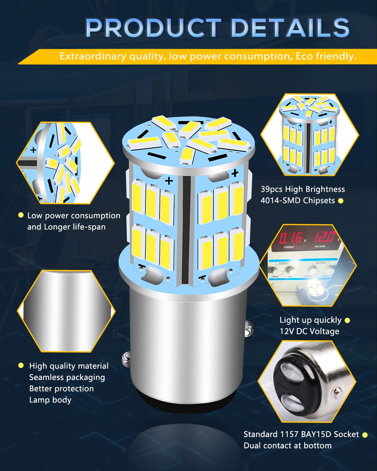 UNXMRFF 1157 2057 BAY15D LED Bulbs - Super Bright White Car Light Bulbs (4014 39-SMD 7528 2357) - Pack of 2 | Replacement for Reverse Lights, Tail Brake Lights, Camper Trailer Lights | Perfect for Night Driving, Parking, and Enhanced Vehicle Safety
